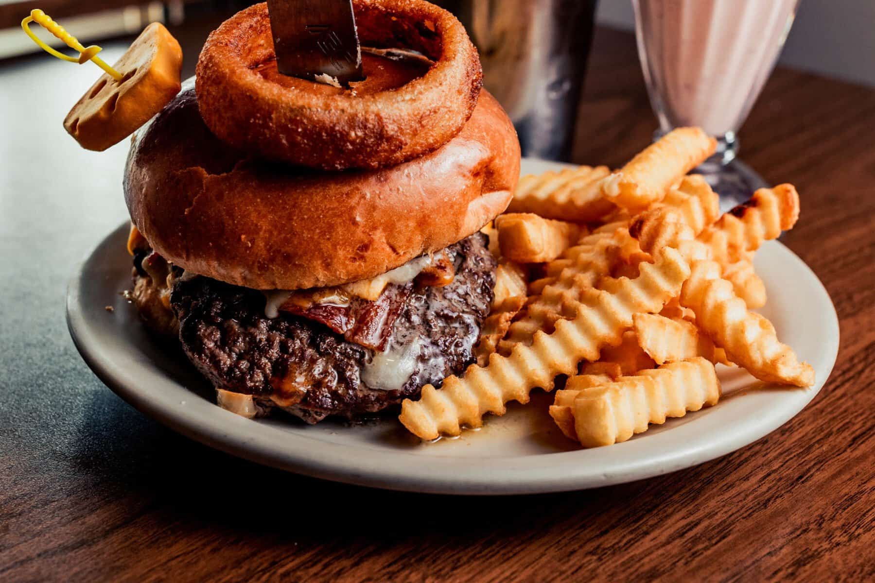 Butter burger with crinkle fries at Solly's Grille in Glendale, Wisconsin