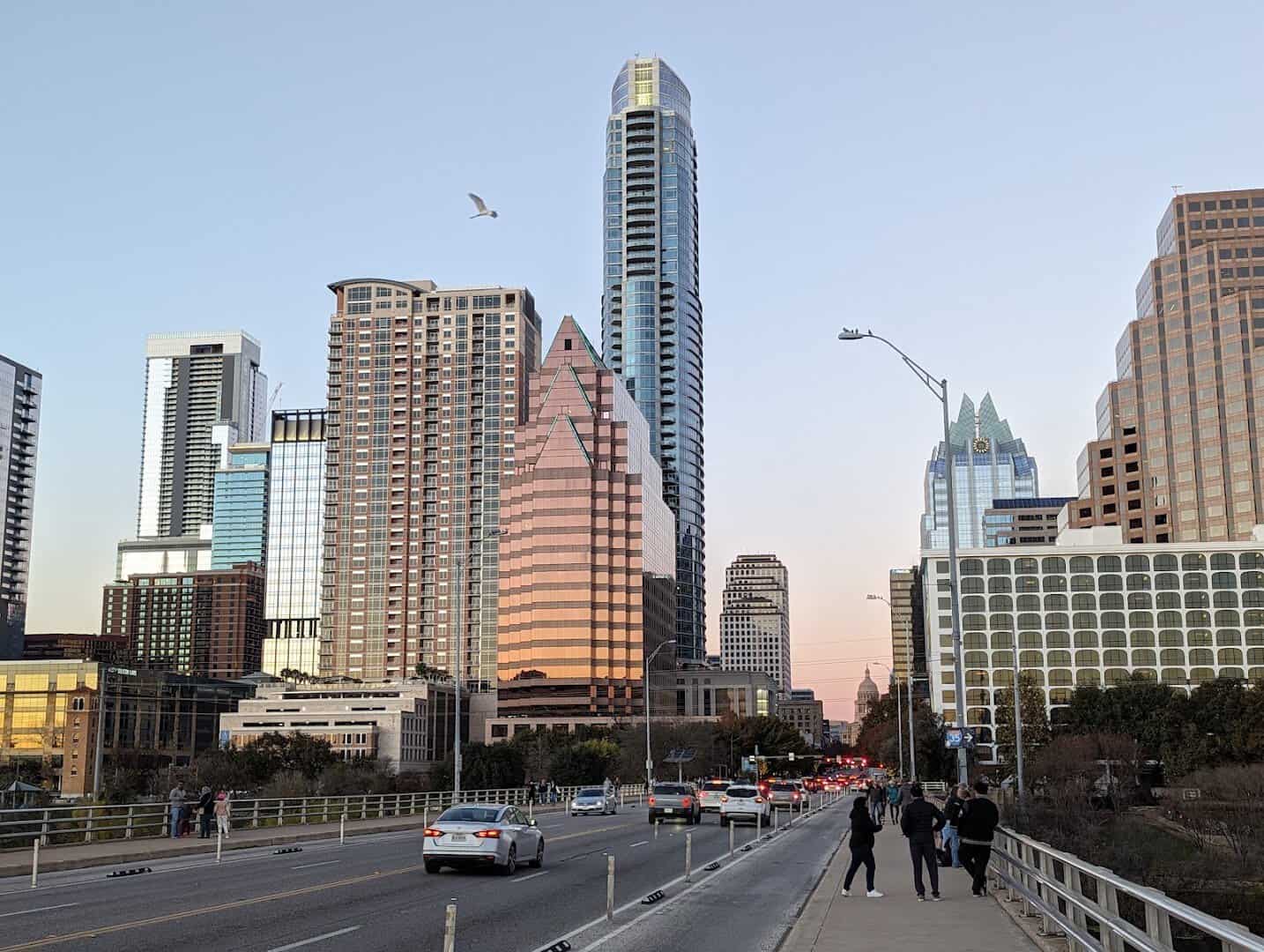 South Congress Avenue running north toward the downtown Austin skyline