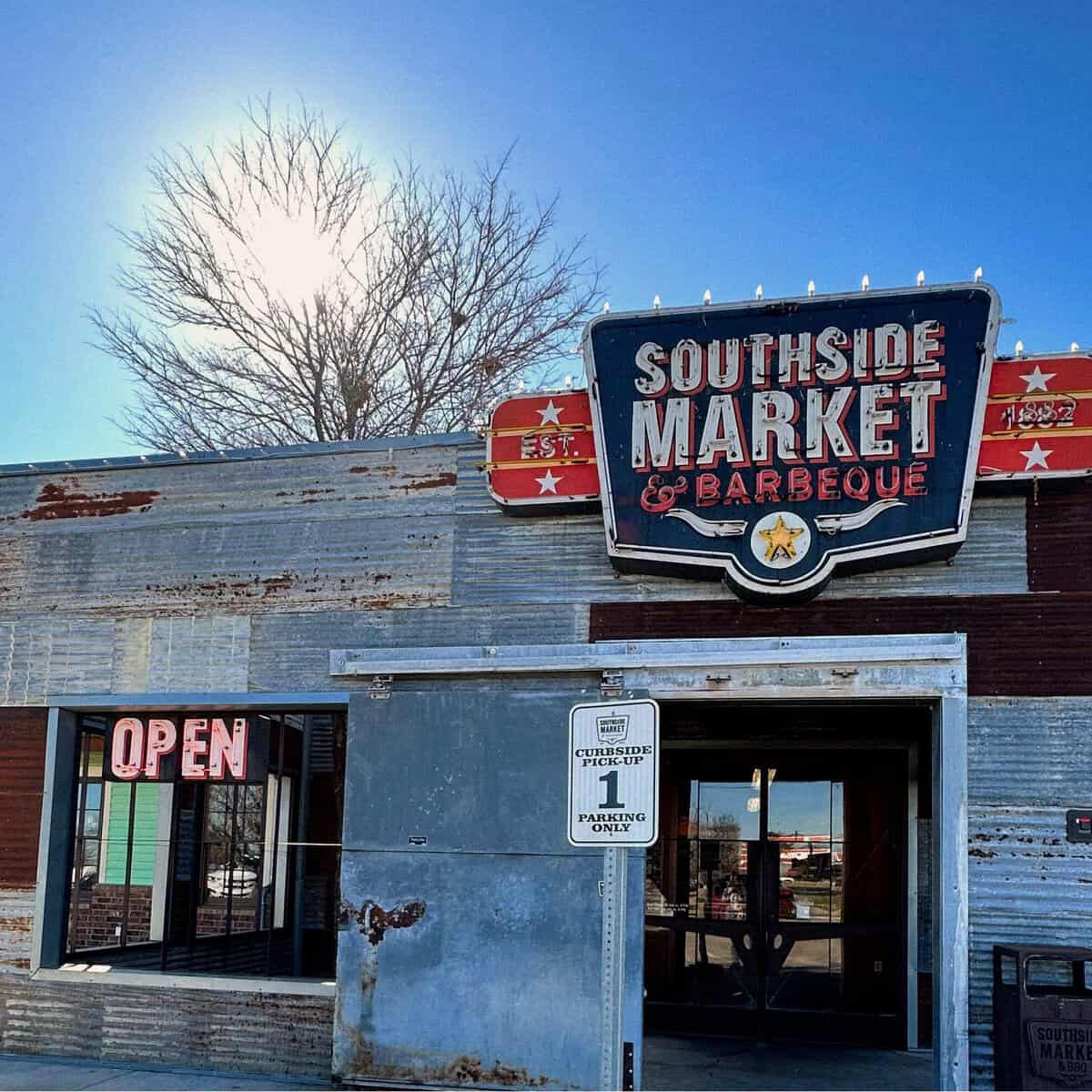 Southside Market and Barbeque sign at the Elgin location on Highway 290