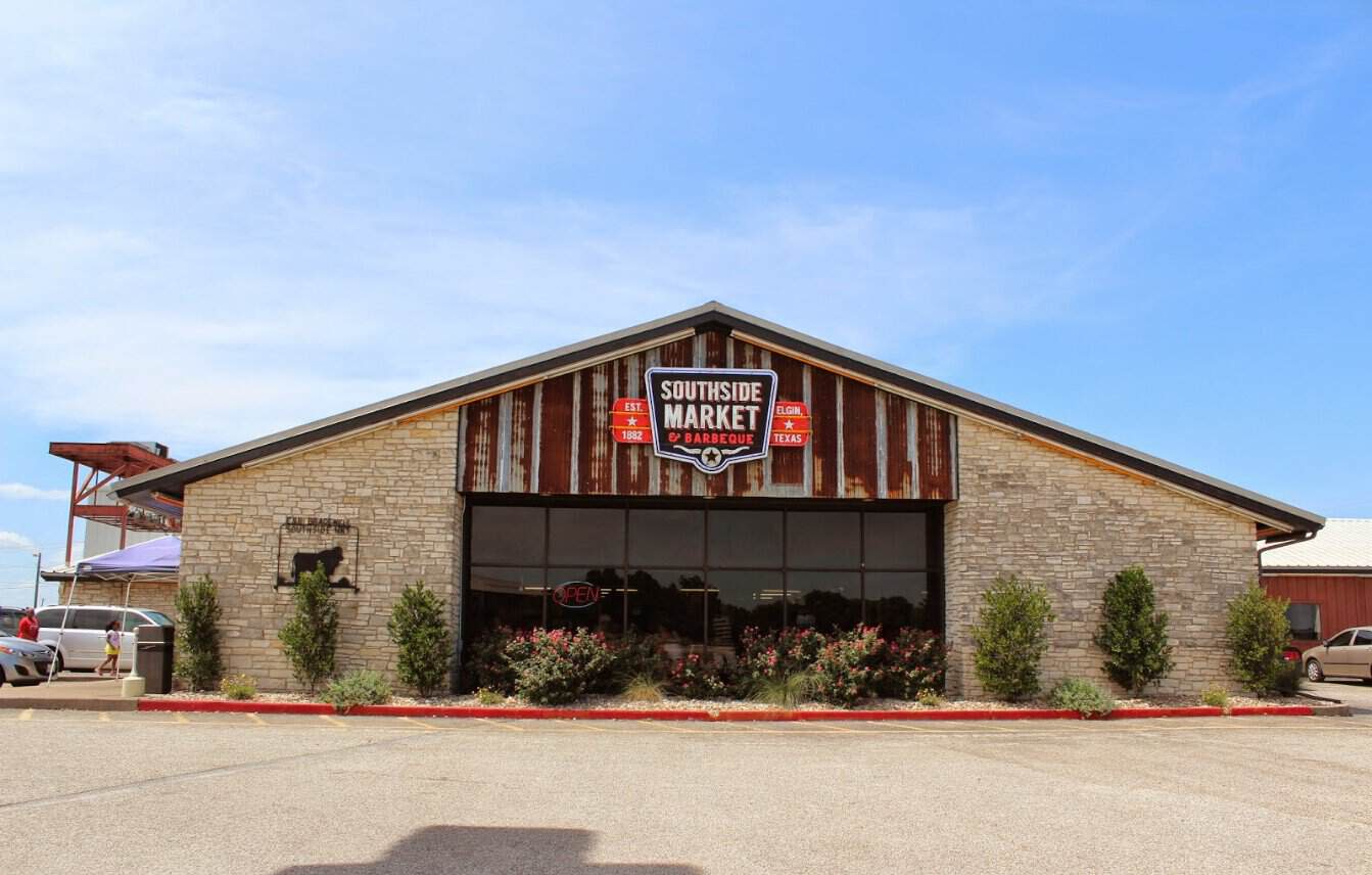 Southside Market and Barbeque barn building on Highway 290 in Elgin, Texas