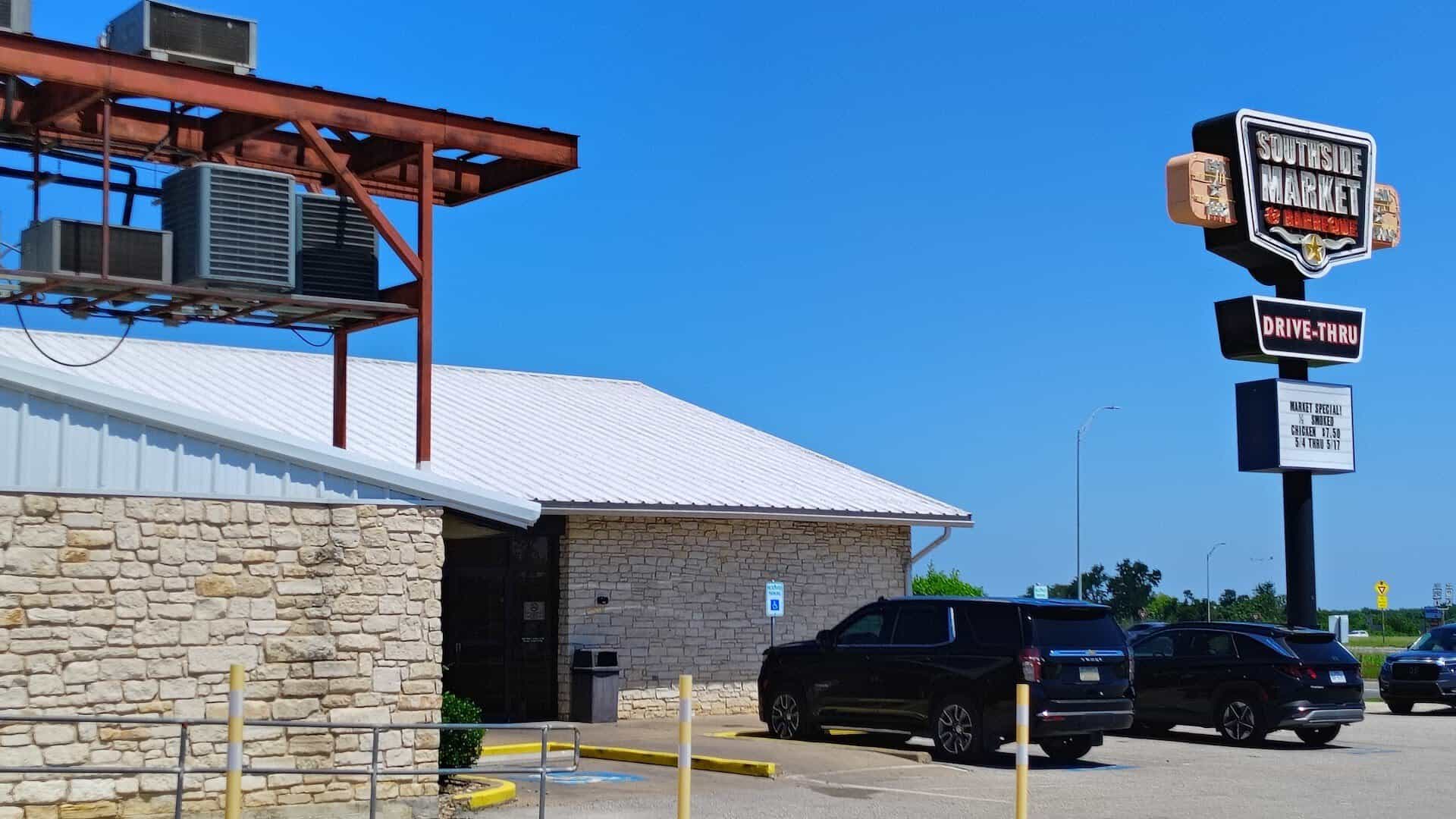 Southside Market and Barbeque highway sign and building on US-290 in Elgin, Texas