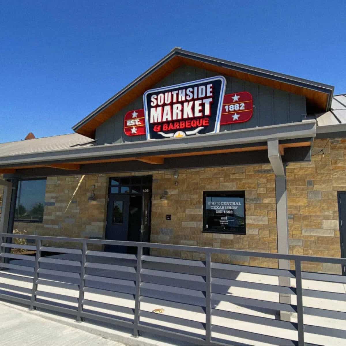 Southside Market and Barbeque storefront with 1882 founding sign in Elgin, Texas