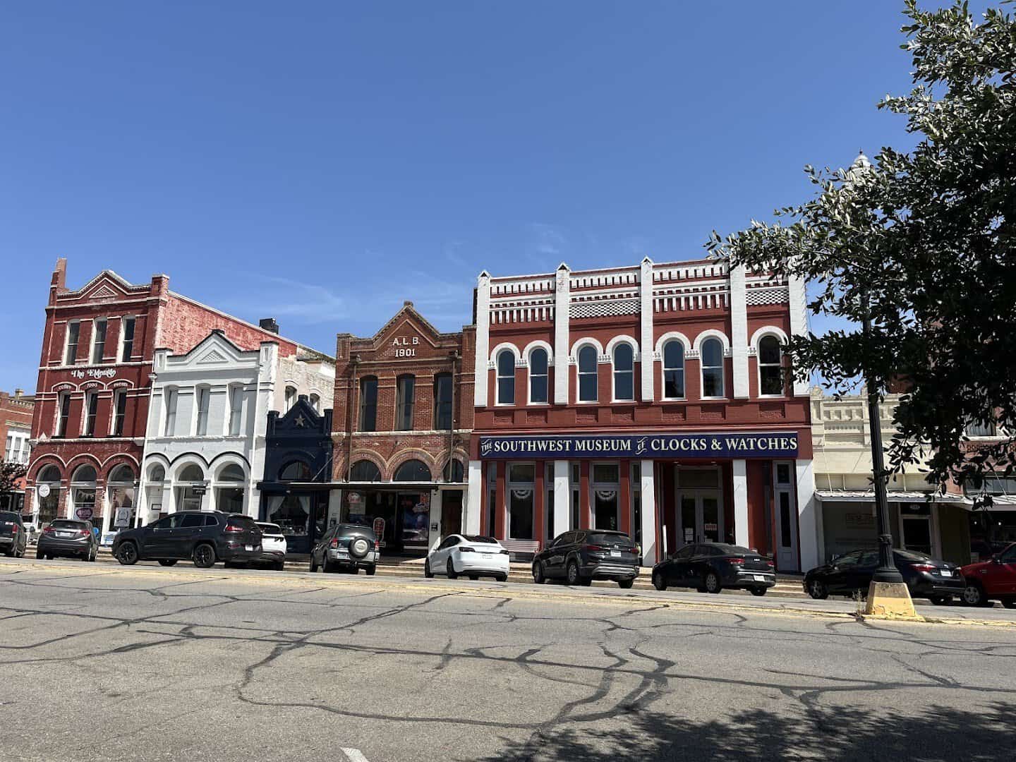Southwest Museum of Clocks and Watches storefront on the square in Lockhart, Texas