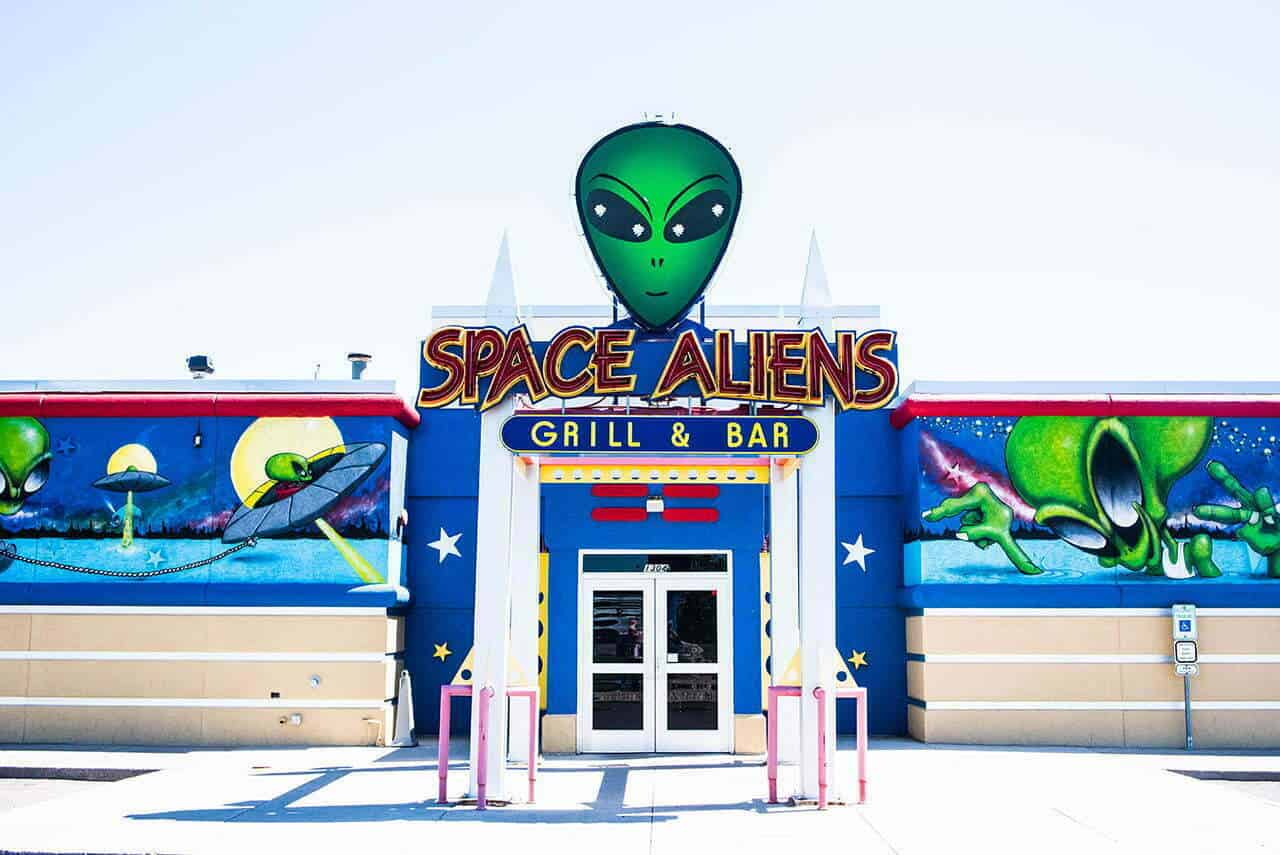Alien-themed exterior of Space Aliens Grill and Bar in Bismarck, North Dakota