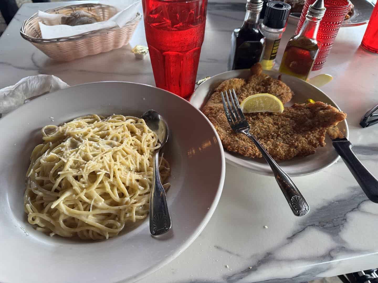 Creamy spaghetti and steak Milanese at Roman Cucina in Dallas