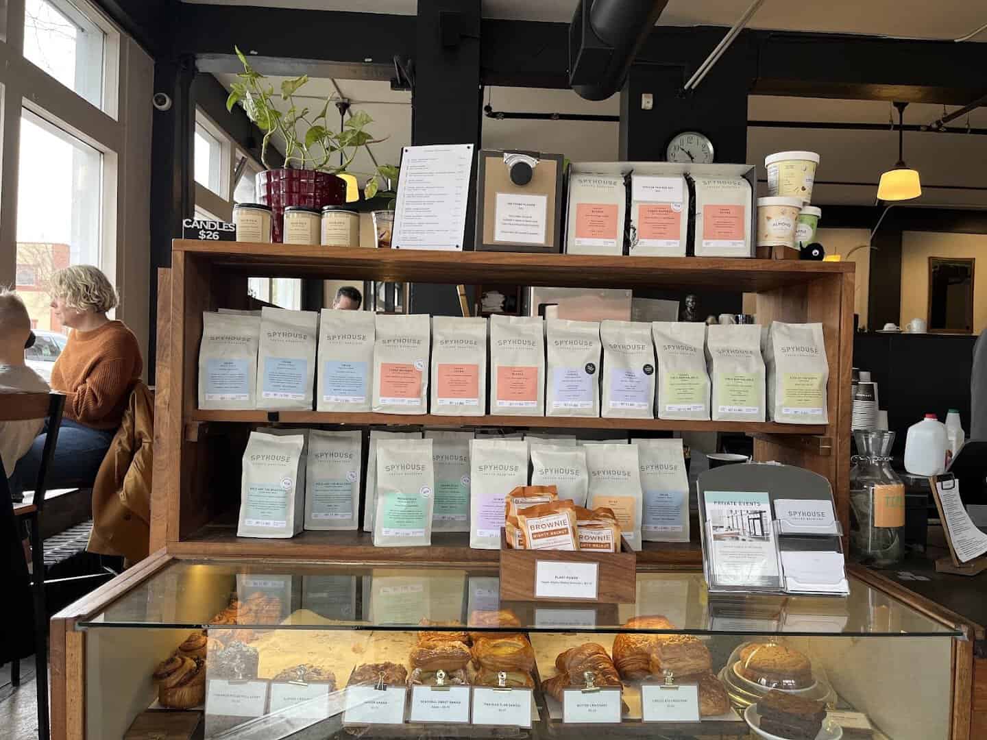 Bags of coffee and pastry case at Spyhouse Coffee Roasters in Minneapolis