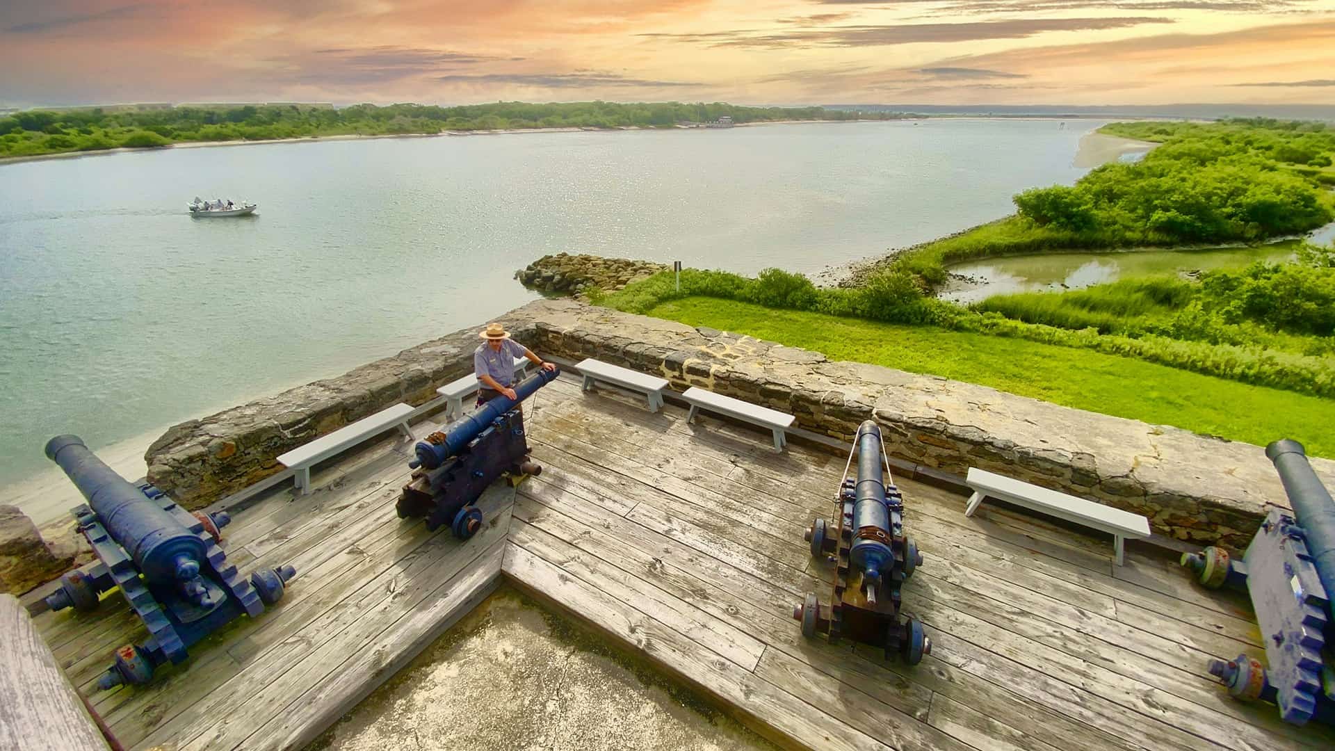 Cannons on the Castillo de San Marcos overlooking the water in St. Augustine, Florida