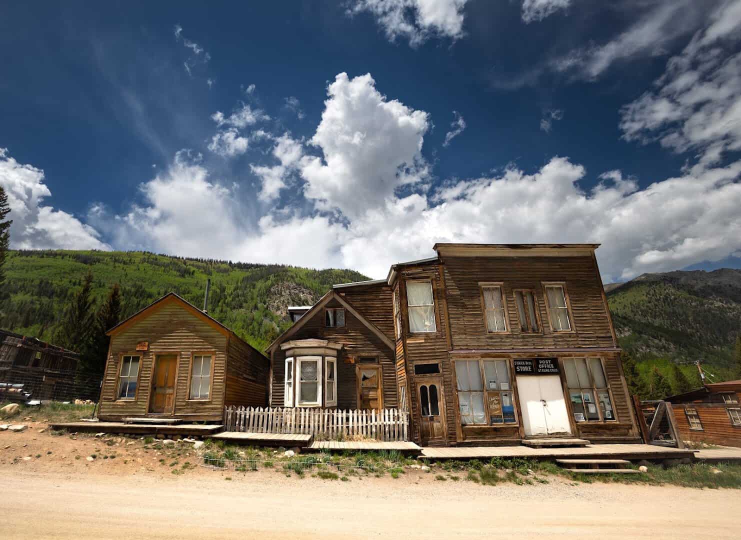 Weathered wooden buildings along the street of St. Elmo ghost town, Colorado