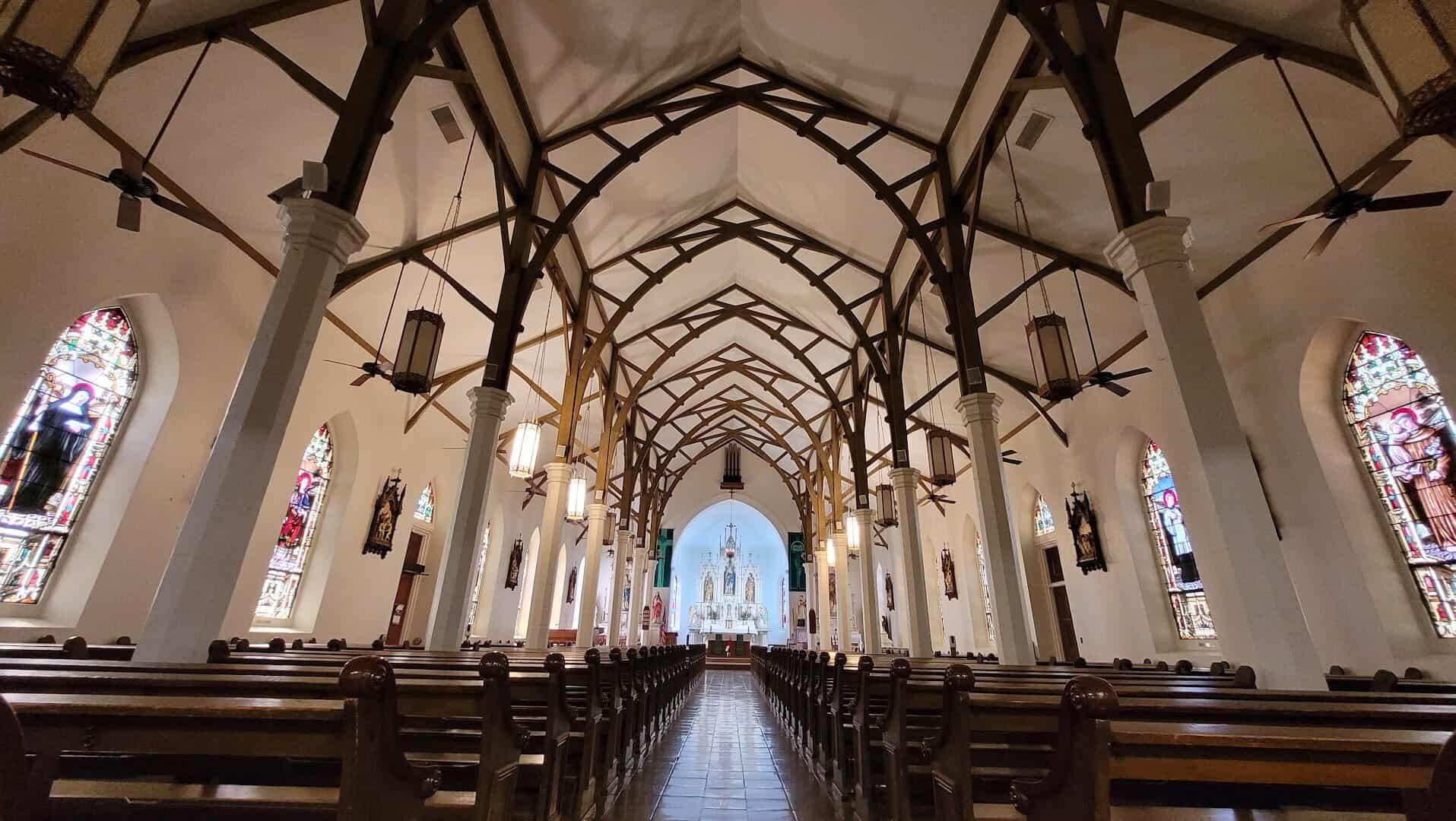 Half-timbered vaulted ceiling inside St. Louis Catholic Church in Castroville, Texas