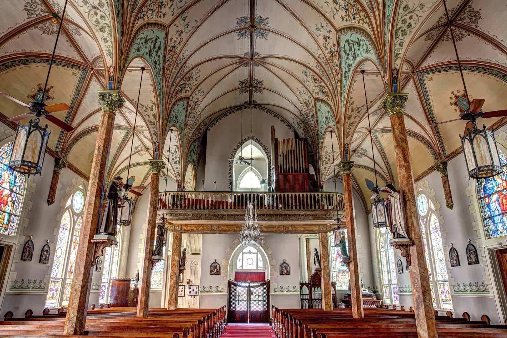 Choir loft and painted ceiling at St. Mary Catholic Church in High Hill, Texas