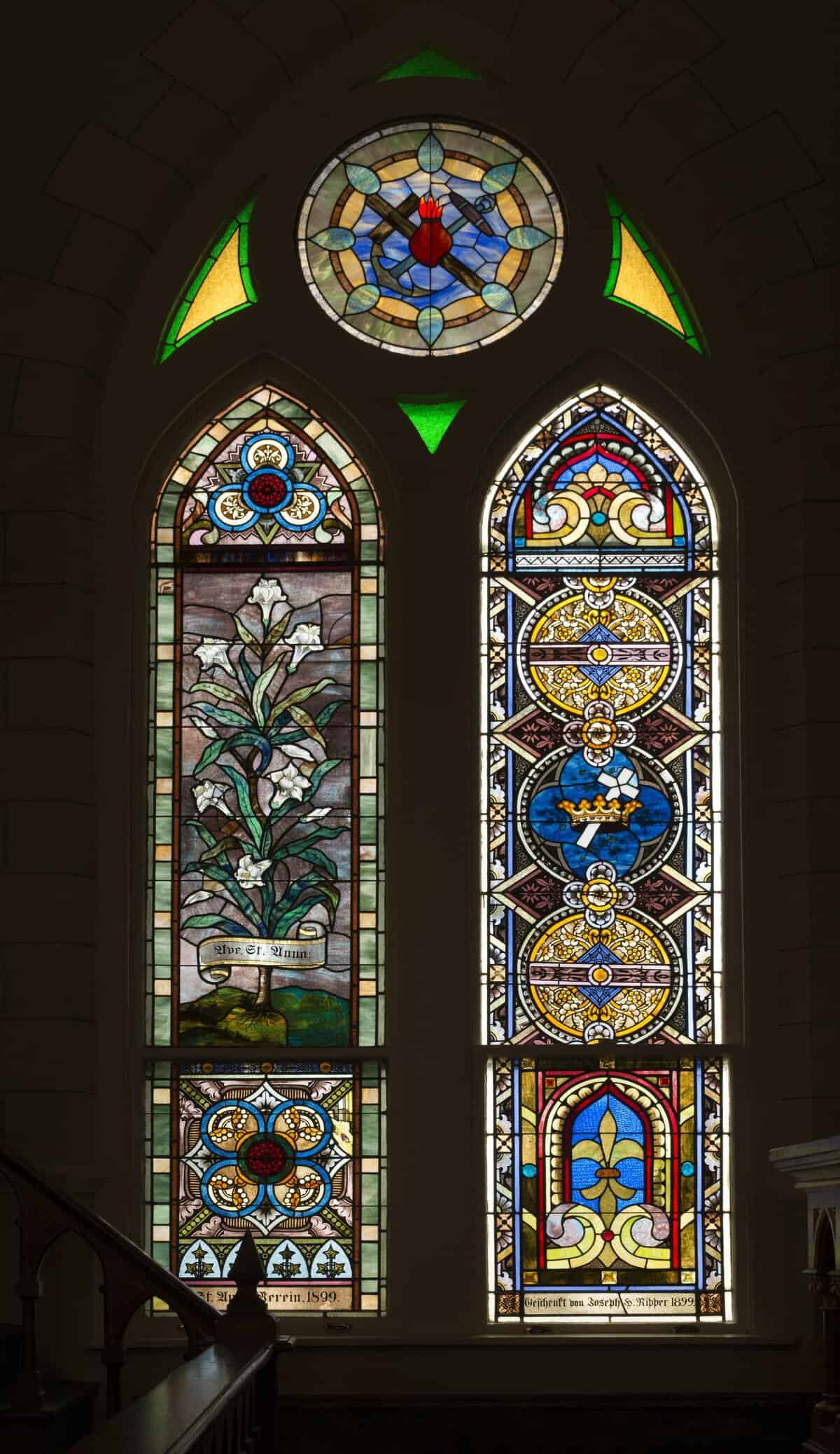 Stained glass window at St. Mary Catholic Church in High Hill, Texas