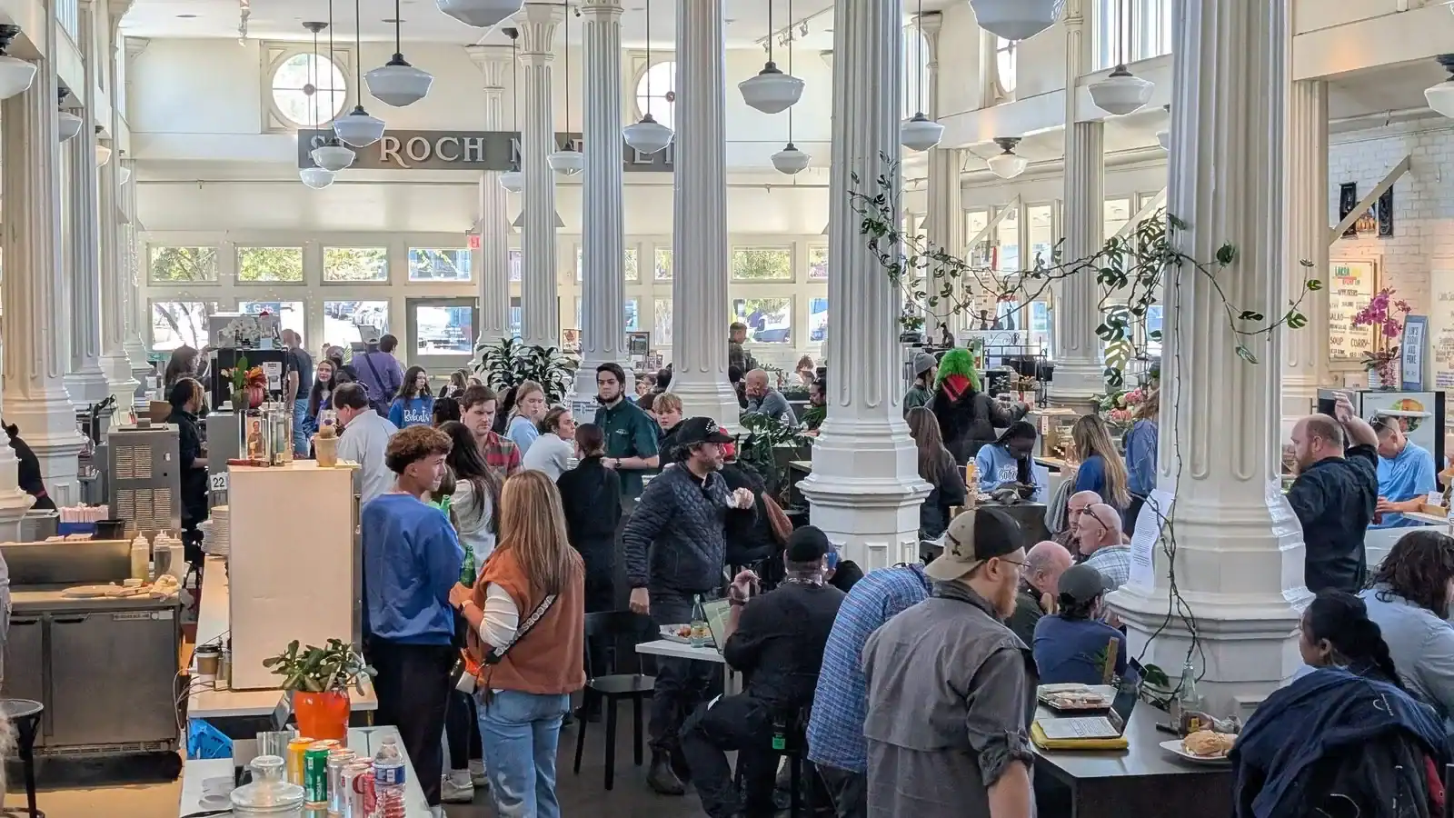 Bright column-lined interior of St. Roch Market in New Orleans, Louisiana