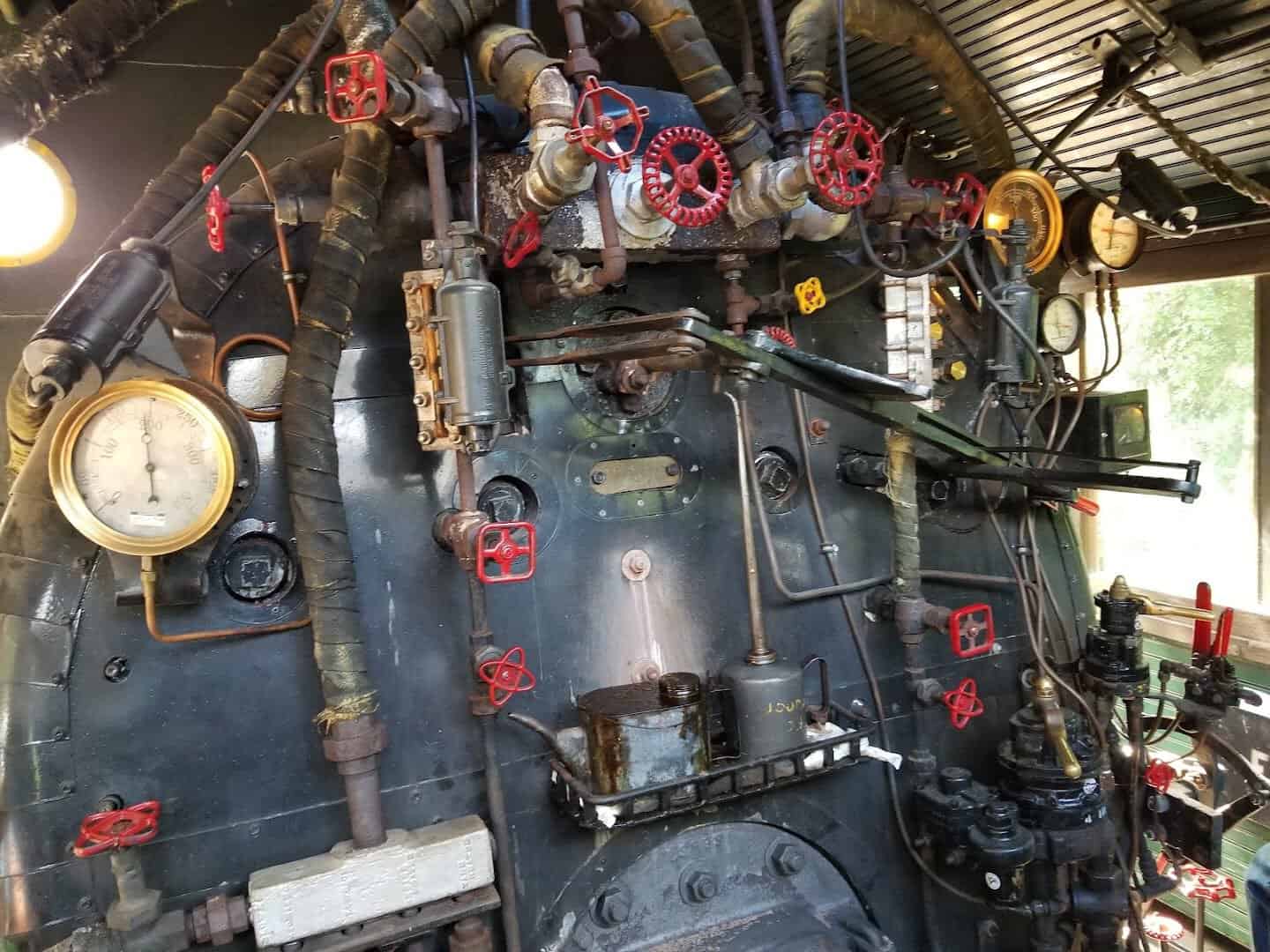 Steam locomotive cab controls and gauges on the Texas State Railroad
