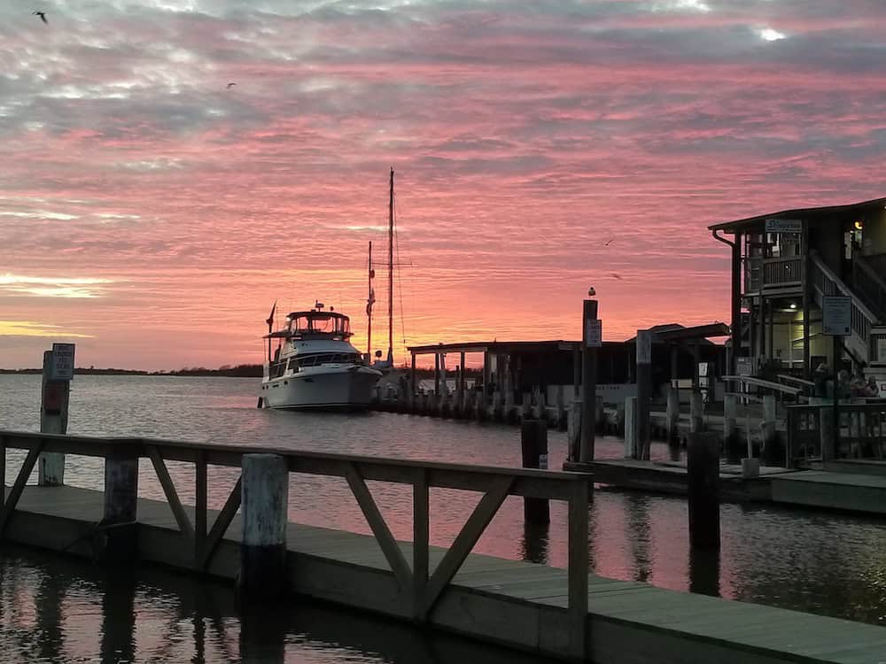 Stingaree Restaurant and Marina at sunset on the Bolivar Peninsula