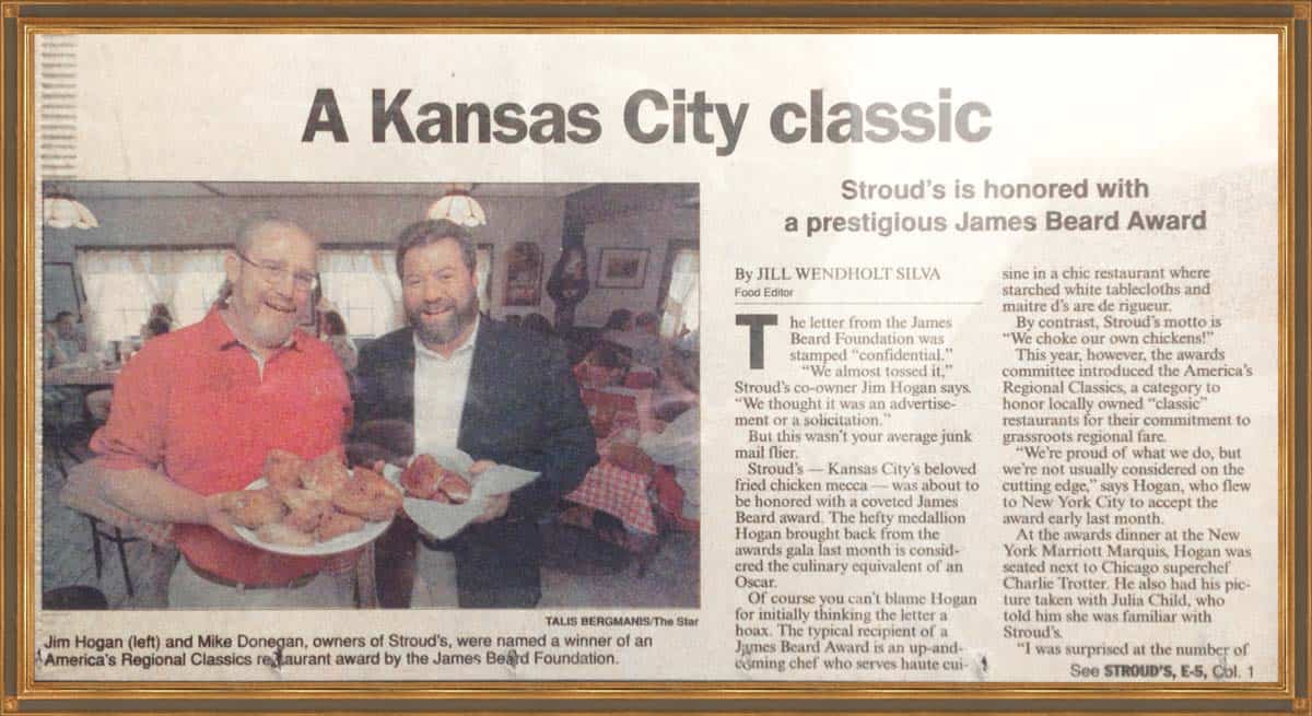 Newspaper feature honoring Stroud's as a Kansas City classic with a James Beard Award in Kansas City, Missouri
