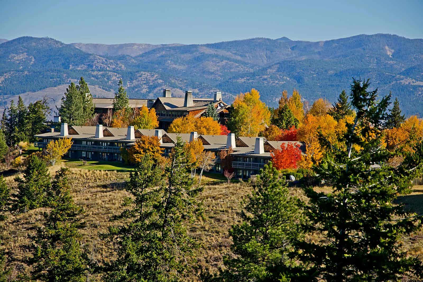 Sun Mountain Lodge amid golden fall foliage above the Methow Valley, Winthrop, Washington