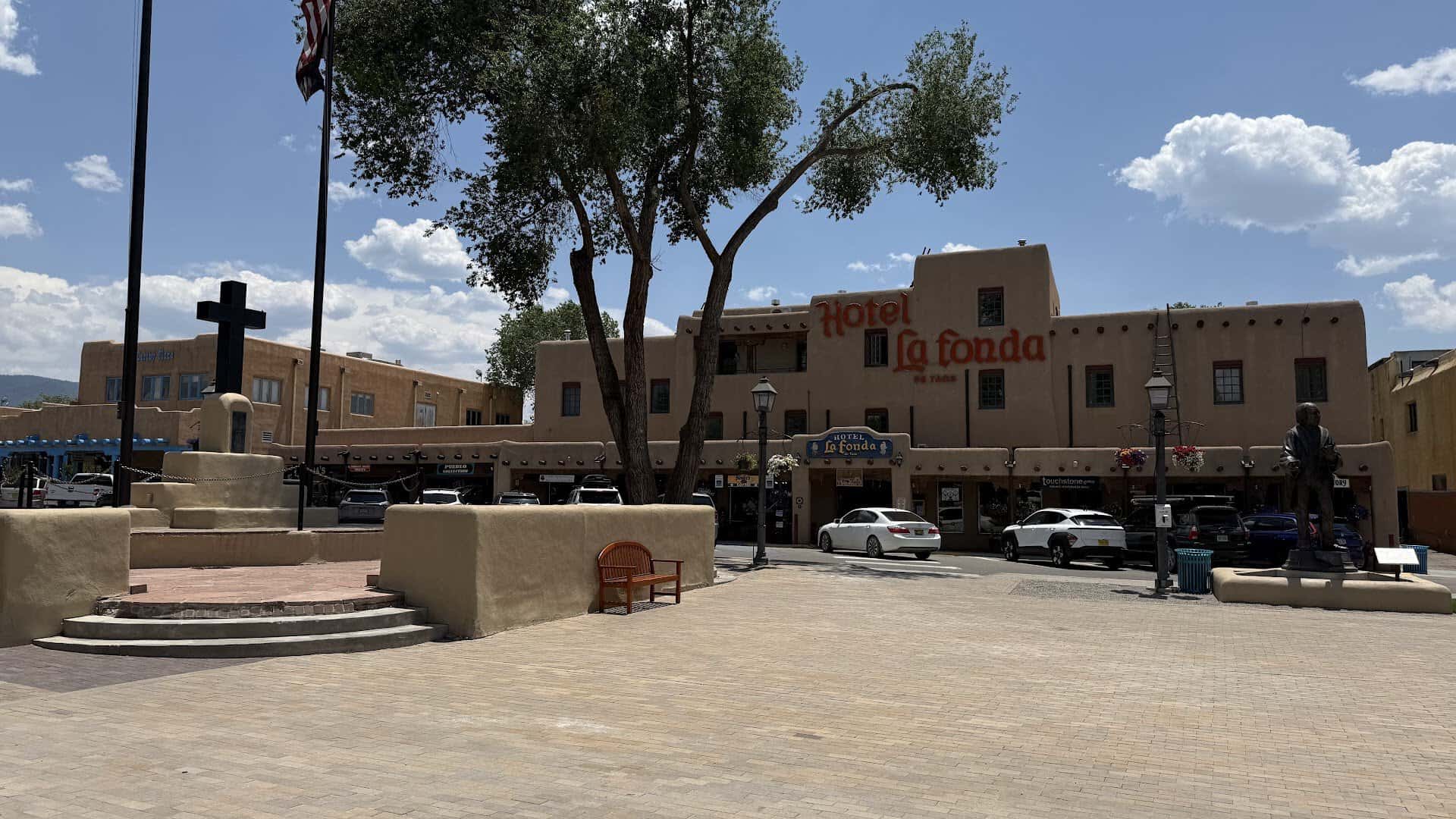 Historic adobe plaza in Taos, New Mexico