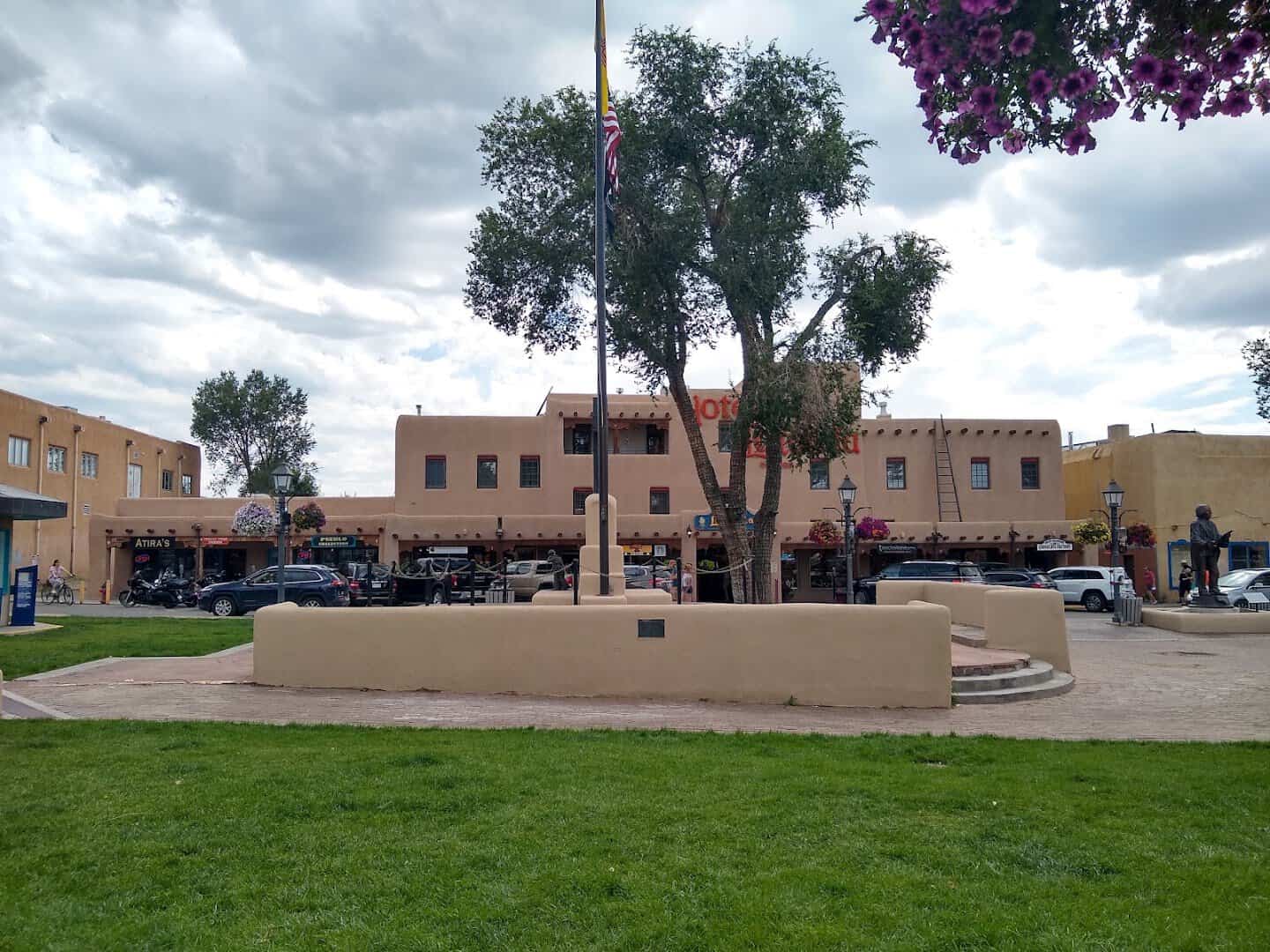 Adobe buildings around the historic plaza in Taos, New Mexico