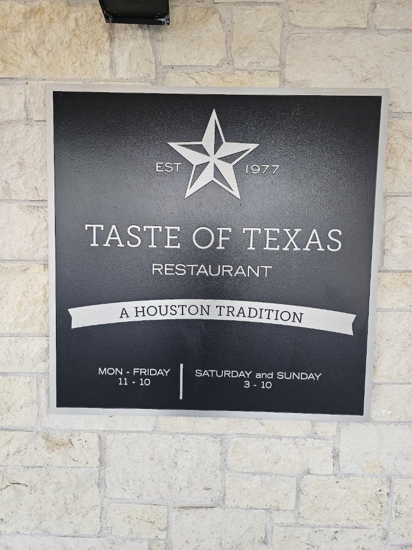 Taste of Texas restaurant sign noting a Houston tradition since 1977