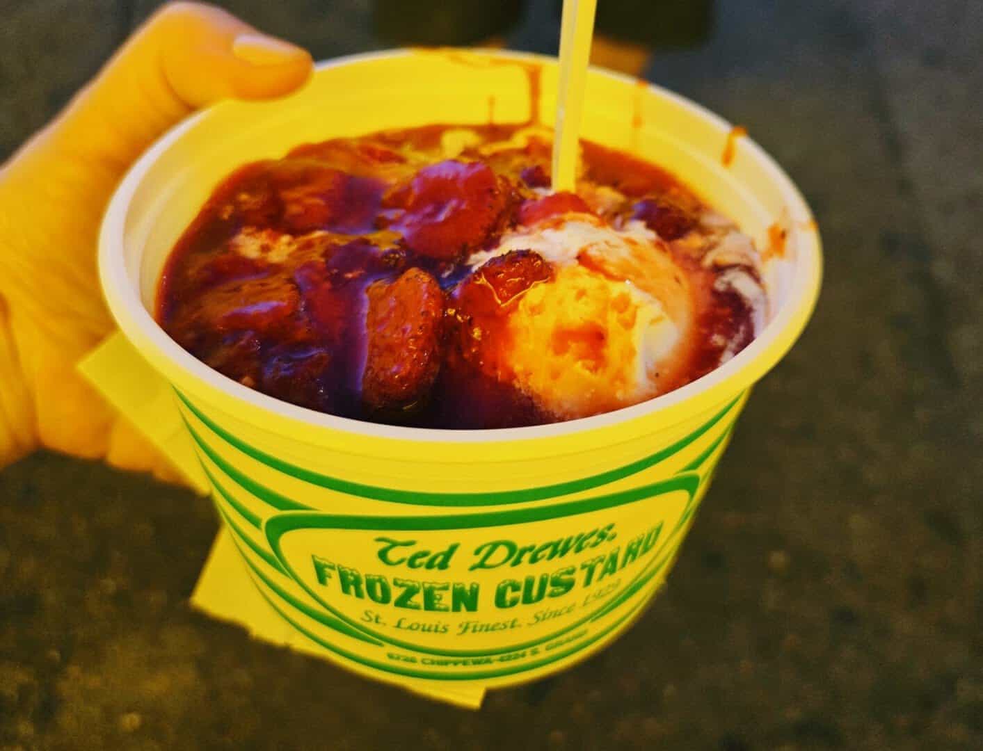Ted Drewes frozen custard sundae with strawberry topping in the signature yellow cup in St. Louis, Missouri