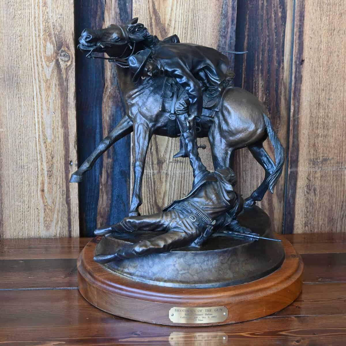 Bronze Western horse-and-rider sculpture at Teskey's Saddle Shop in Weatherford, Texas
