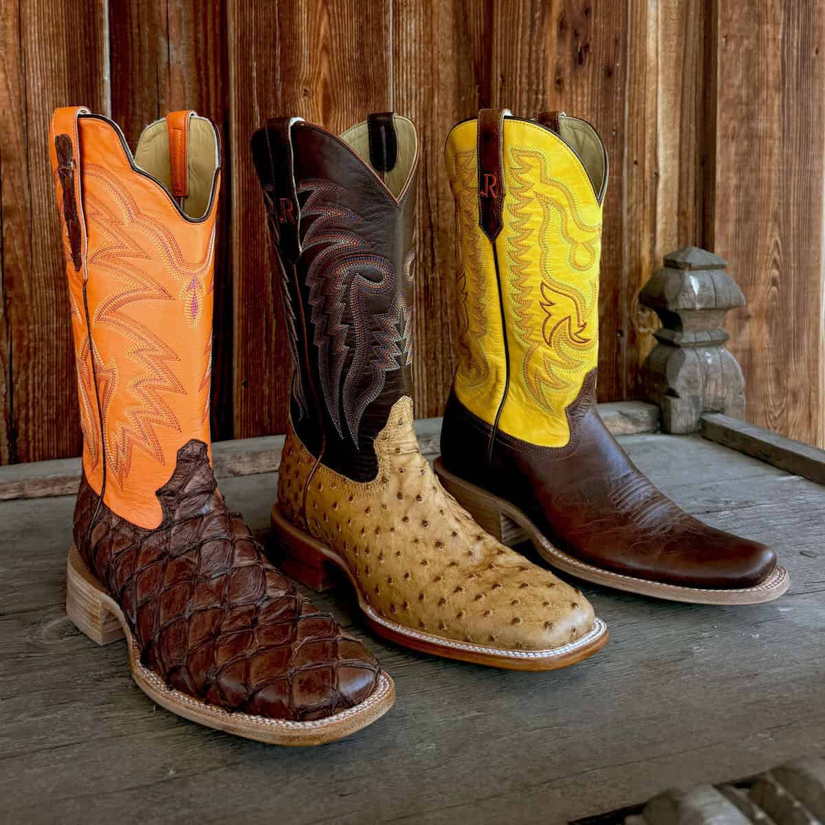 Row of cowboy boots at Teskey's Saddle Shop in Weatherford, Texas