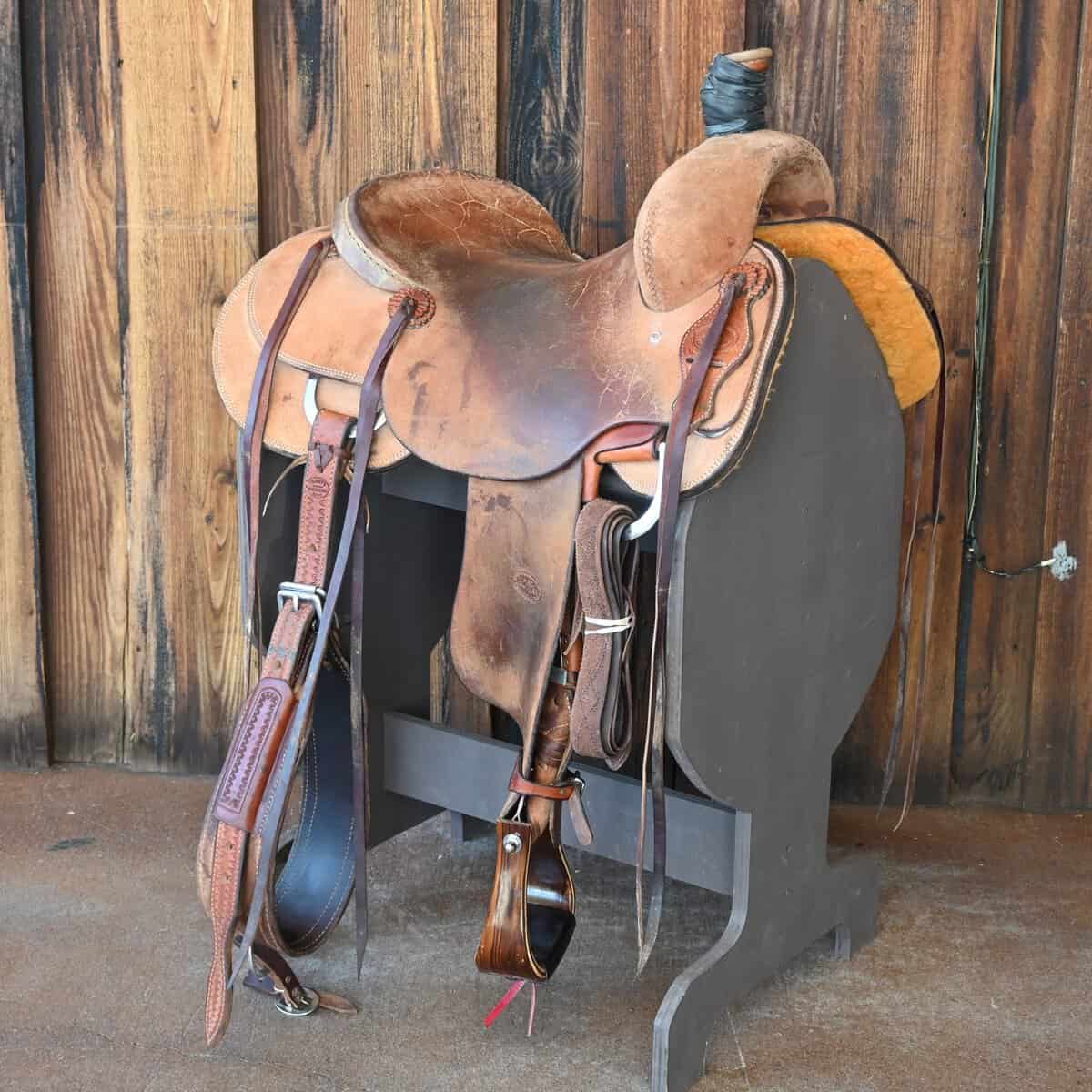 Ranch saddle on a stand at Teskey's Saddle Shop in Weatherford, Texas
