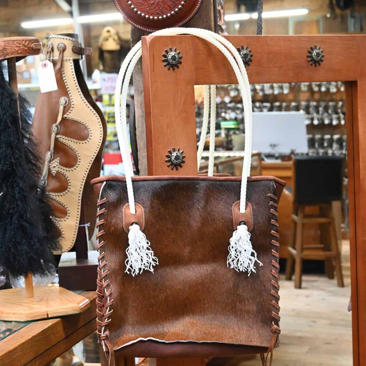 Leather goods on display inside Teskey's Saddle Shop in Weatherford, Texas