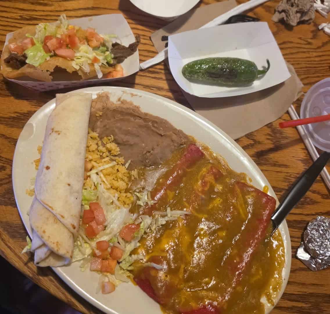 Tex-Mex combination plate with enchiladas, chalupa, rice and beans at Ray's Drive Inn in San Antonio