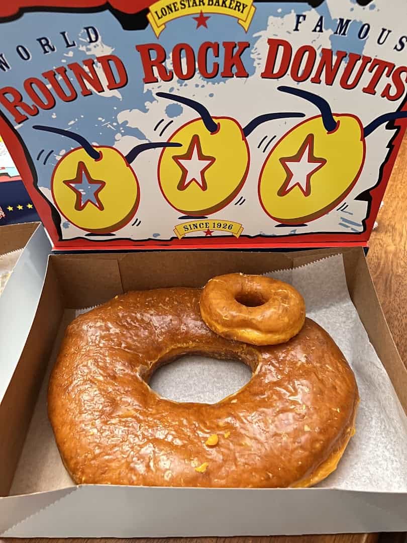 The Texas-Sized glazed donut, as wide as a dinner plate, at Round Rock Donuts in Round Rock, Texas