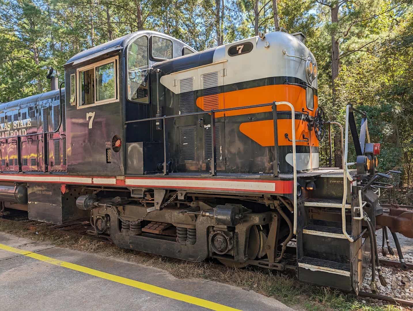 Vintage diesel locomotive of the Texas State Railroad ready to depart