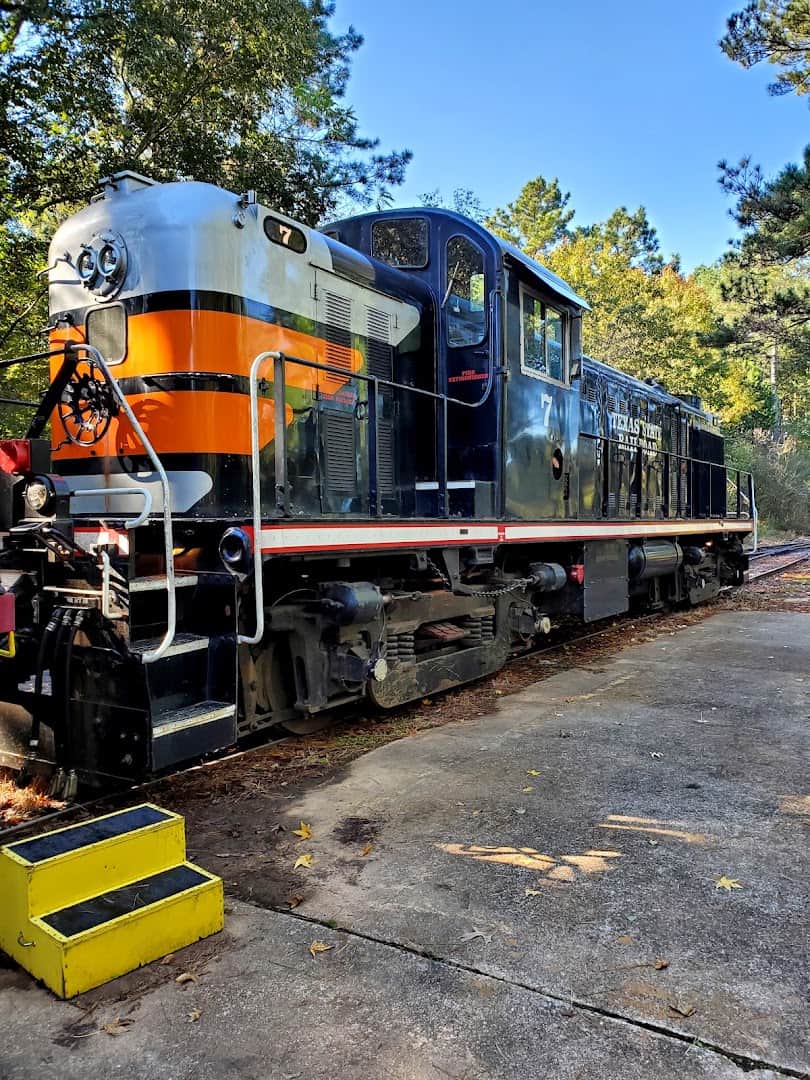 Vintage diesel locomotive of the Texas State Railroad rolling through the East Texas pines