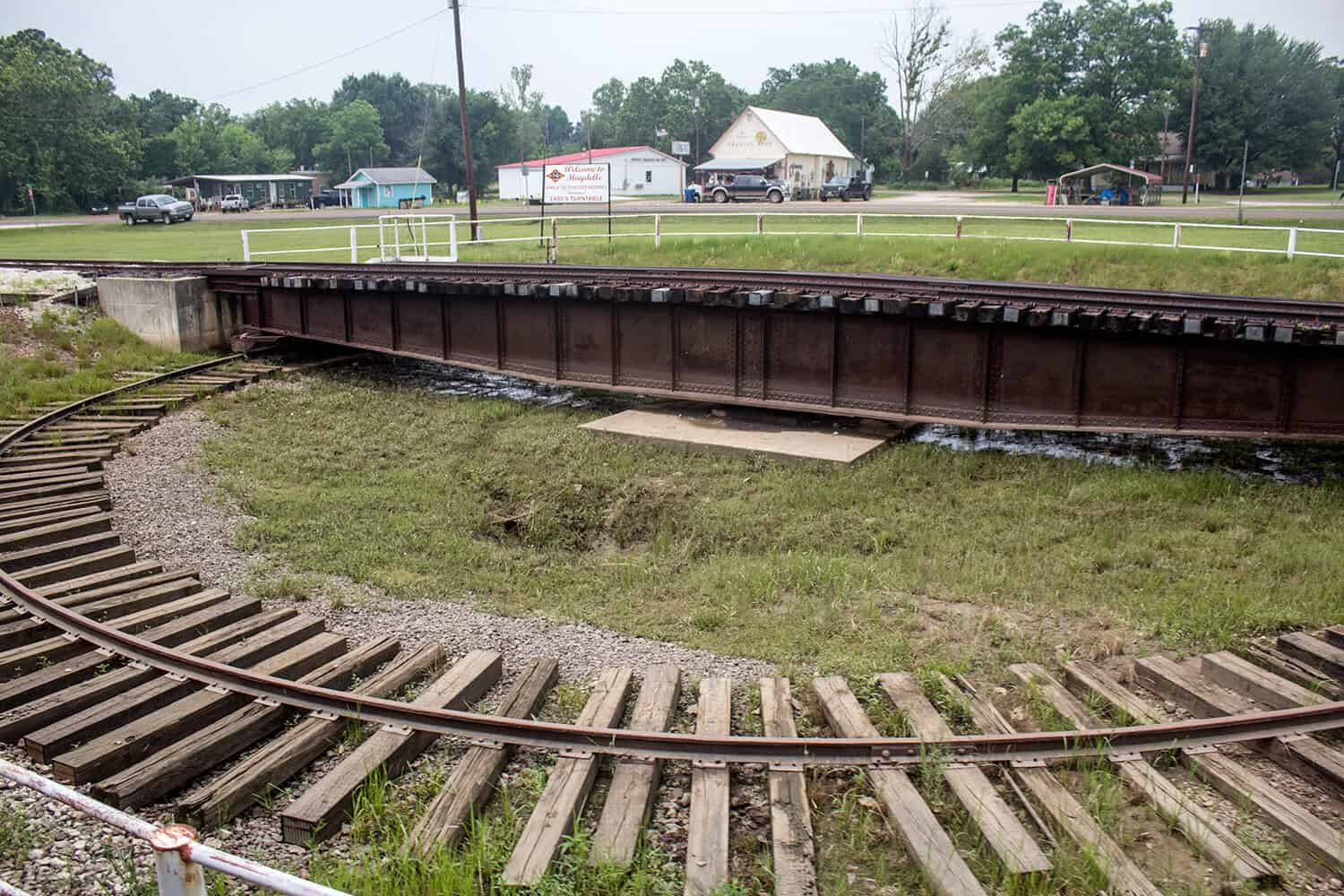 The long steel and concrete trestle carrying the Texas State Railroad over the Neches River