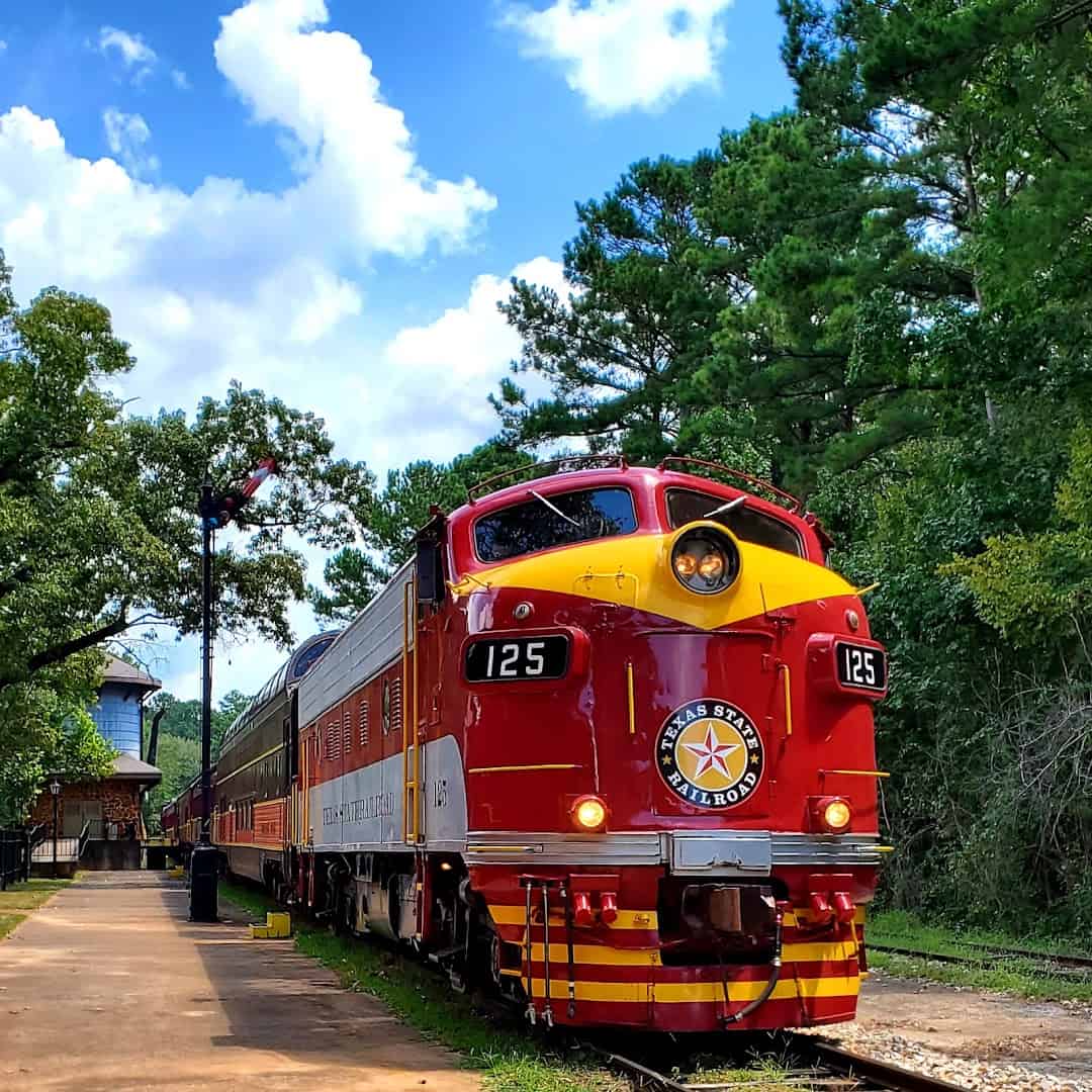 Red and yellow diesel locomotive number 125 of the Texas State Railroad among the pines