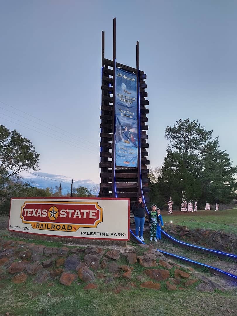 Texas State Railroad entrance sign at the Palestine depot