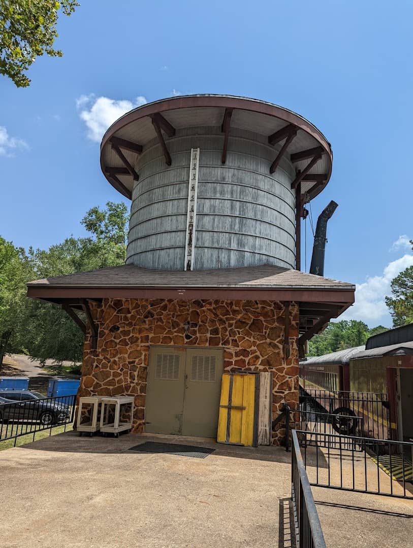 Historic stone water tower at the Texas State Railroad depot in Rusk, Texas