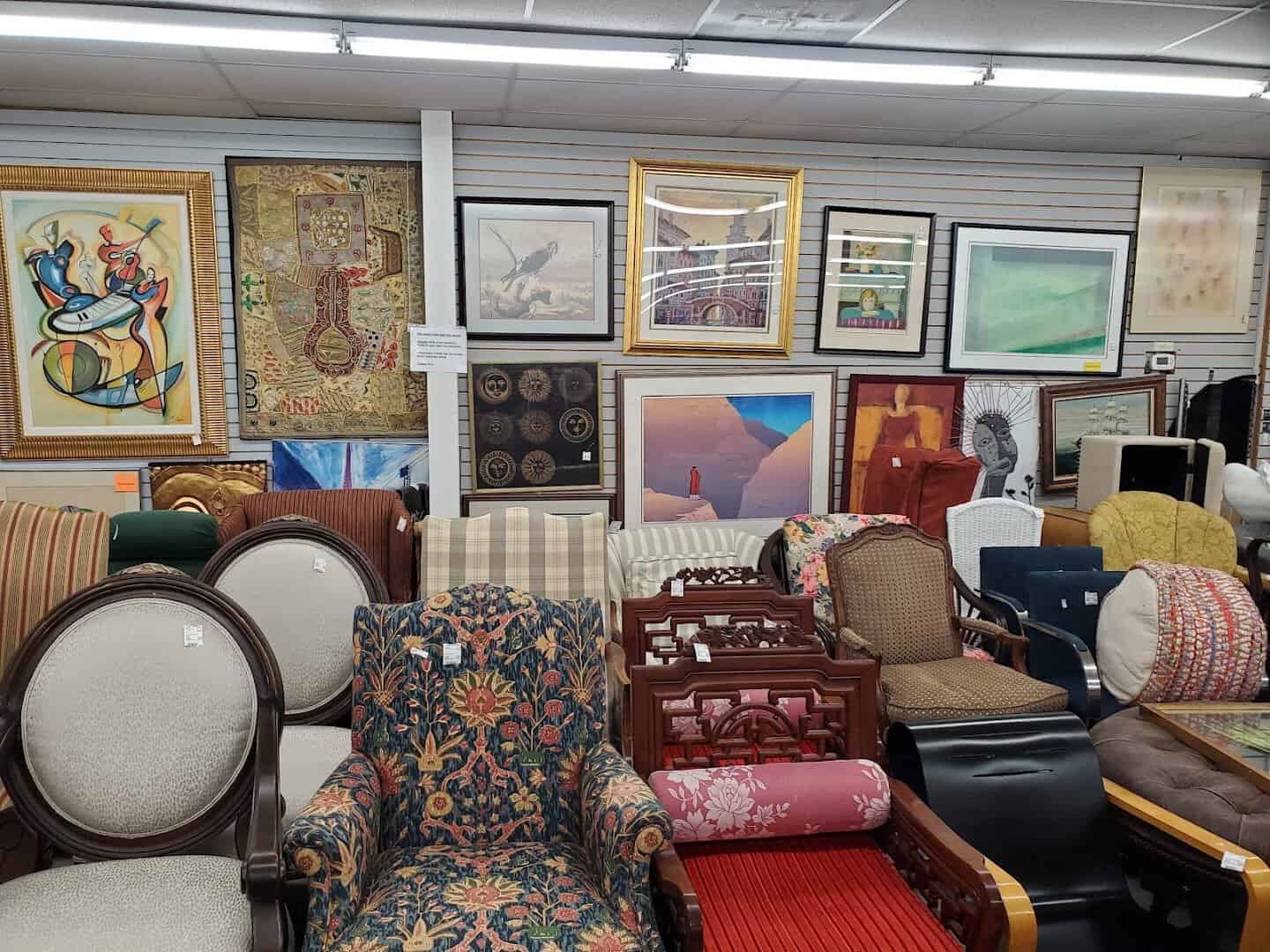 Art and furniture displays at The Guild Shop in Houston, Texas
