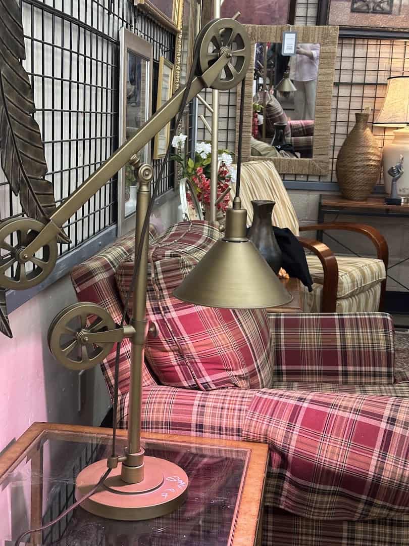 Vintage armchair and lamp display at Thrift Giant in Dallas