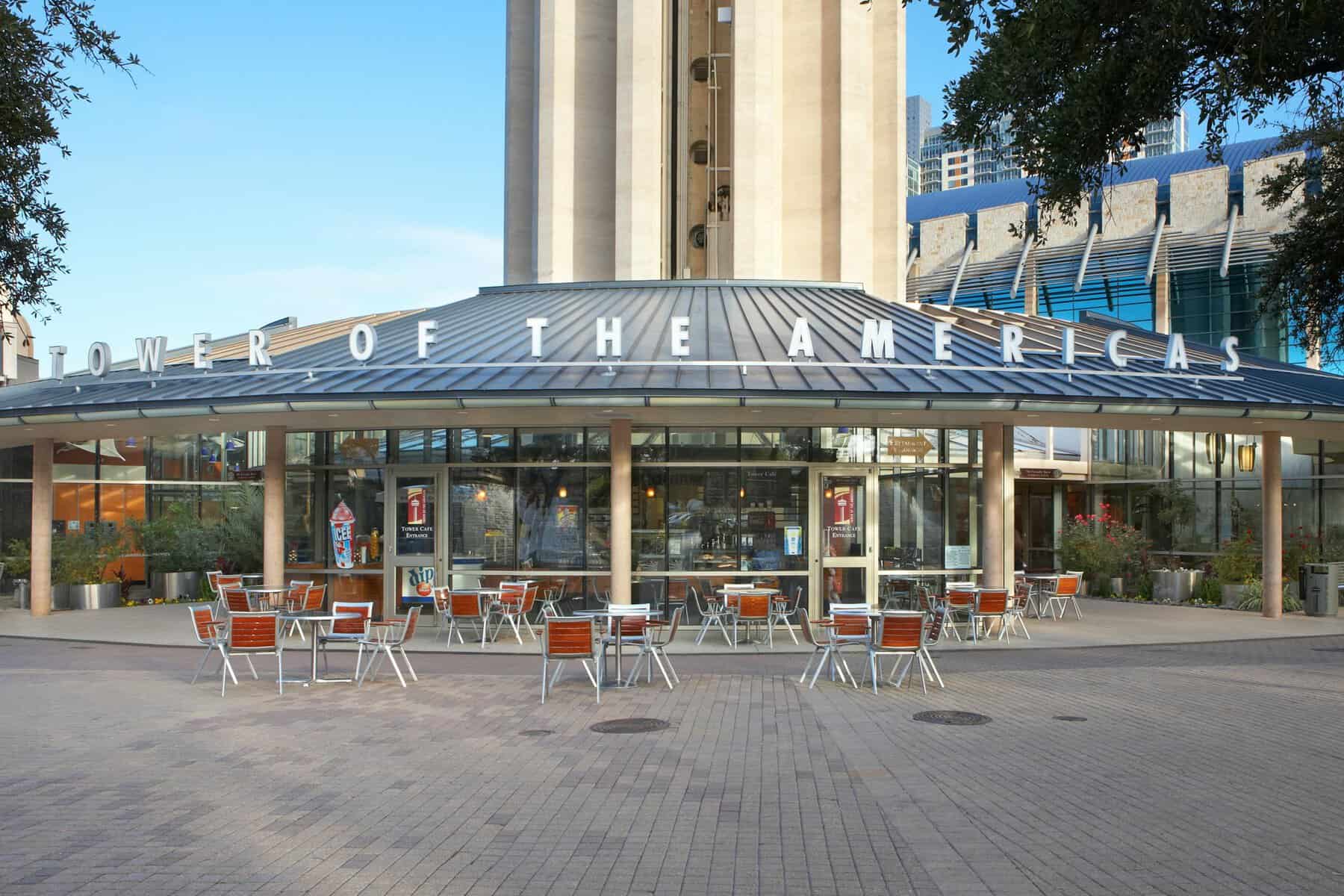 Ground level entrance and signage at the Tower of the Americas in San Antonio
