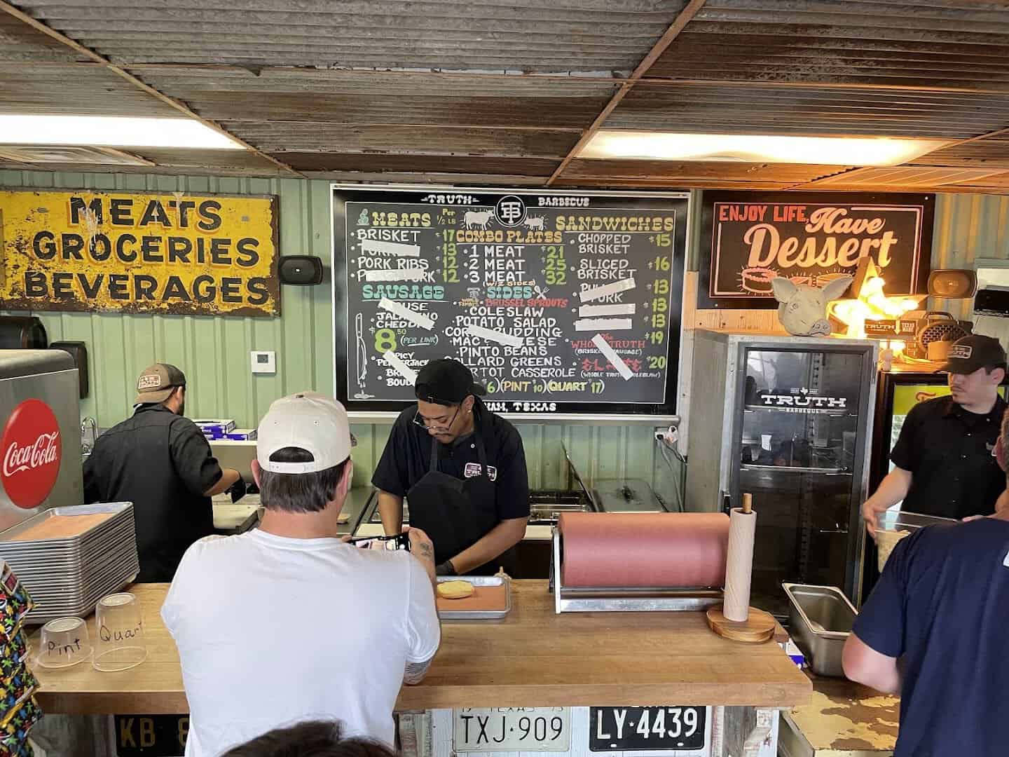 Order counter and chalkboard menu at Truth Barbeque in Brenham, Texas