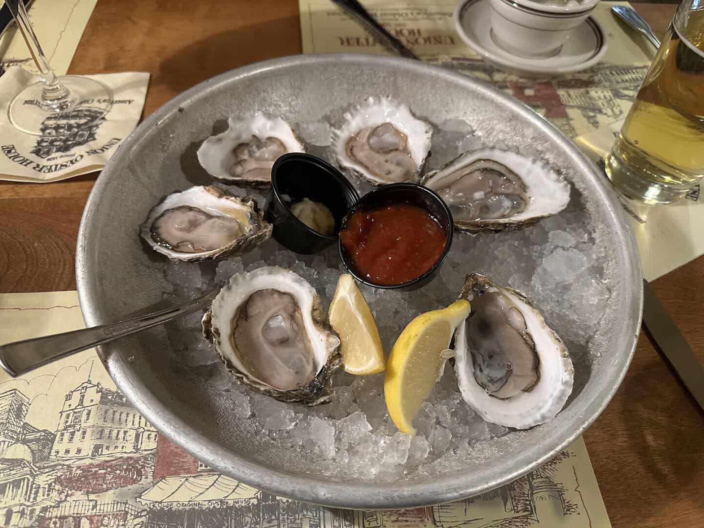 Fresh oysters on the half shell at Union Oyster House in Boston, Massachusetts
