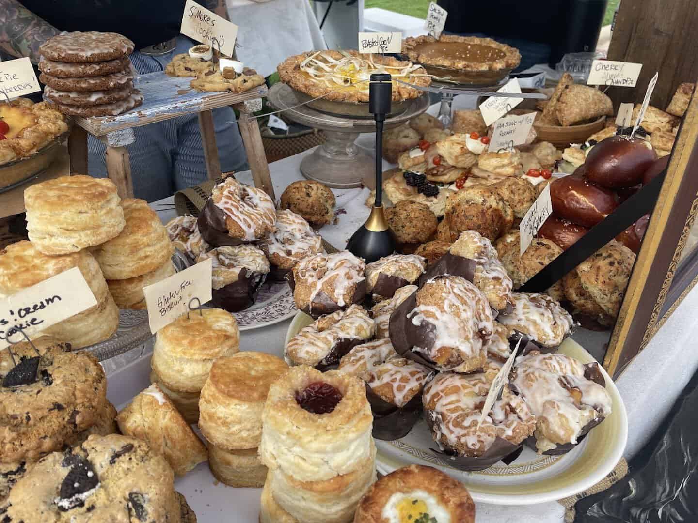 Display of fresh pastries and baked goods at Urban Harvest Farmers Market in Houston