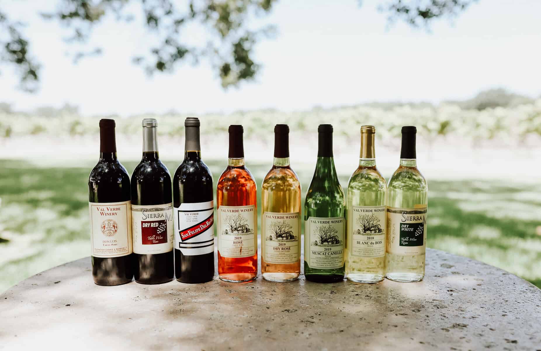 A lineup of wine bottles at Val Verde Winery in Del Rio, Texas