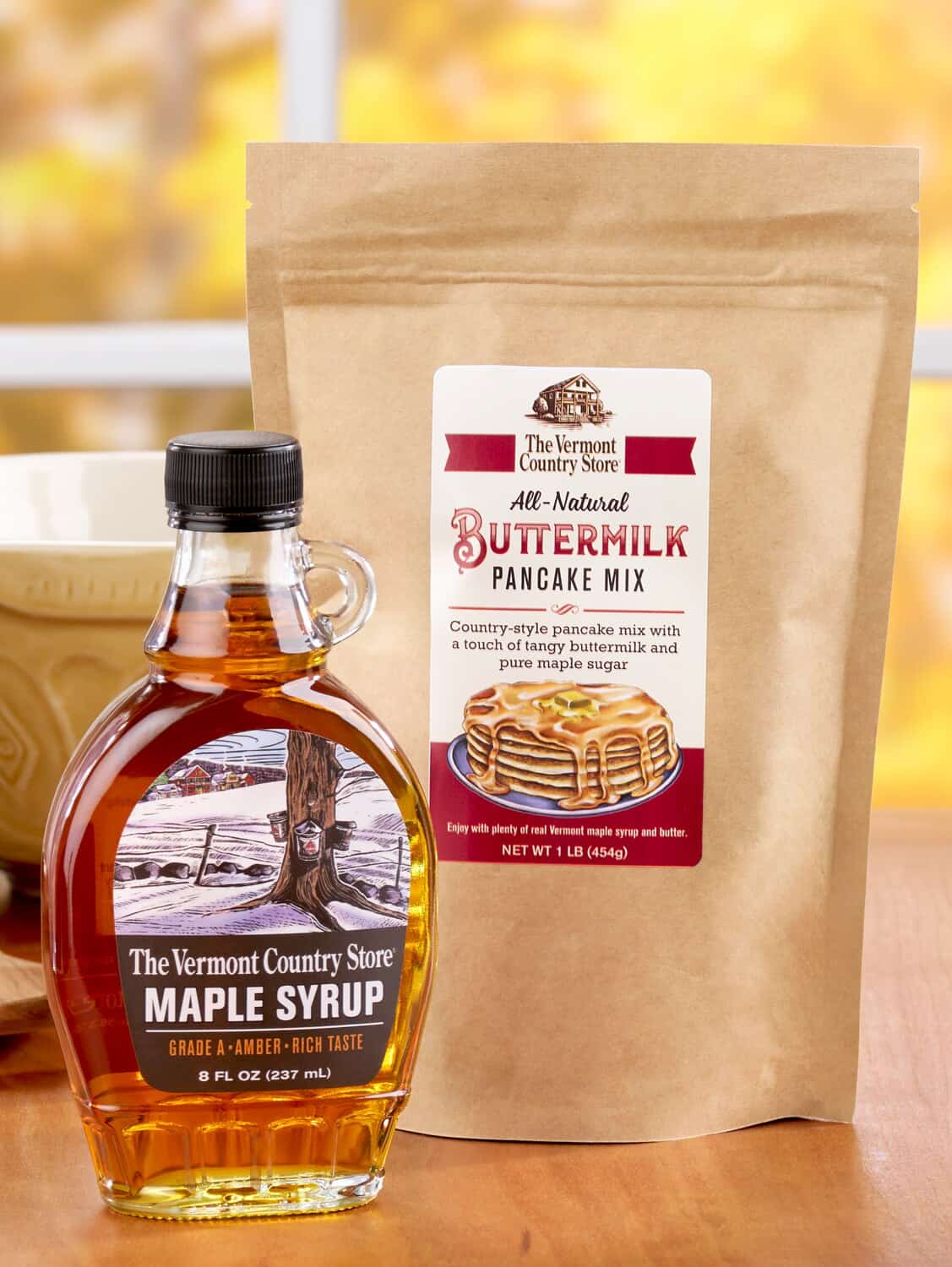 Vermont Country Store branded pancake mix and maple syrup in Weston, Vermont