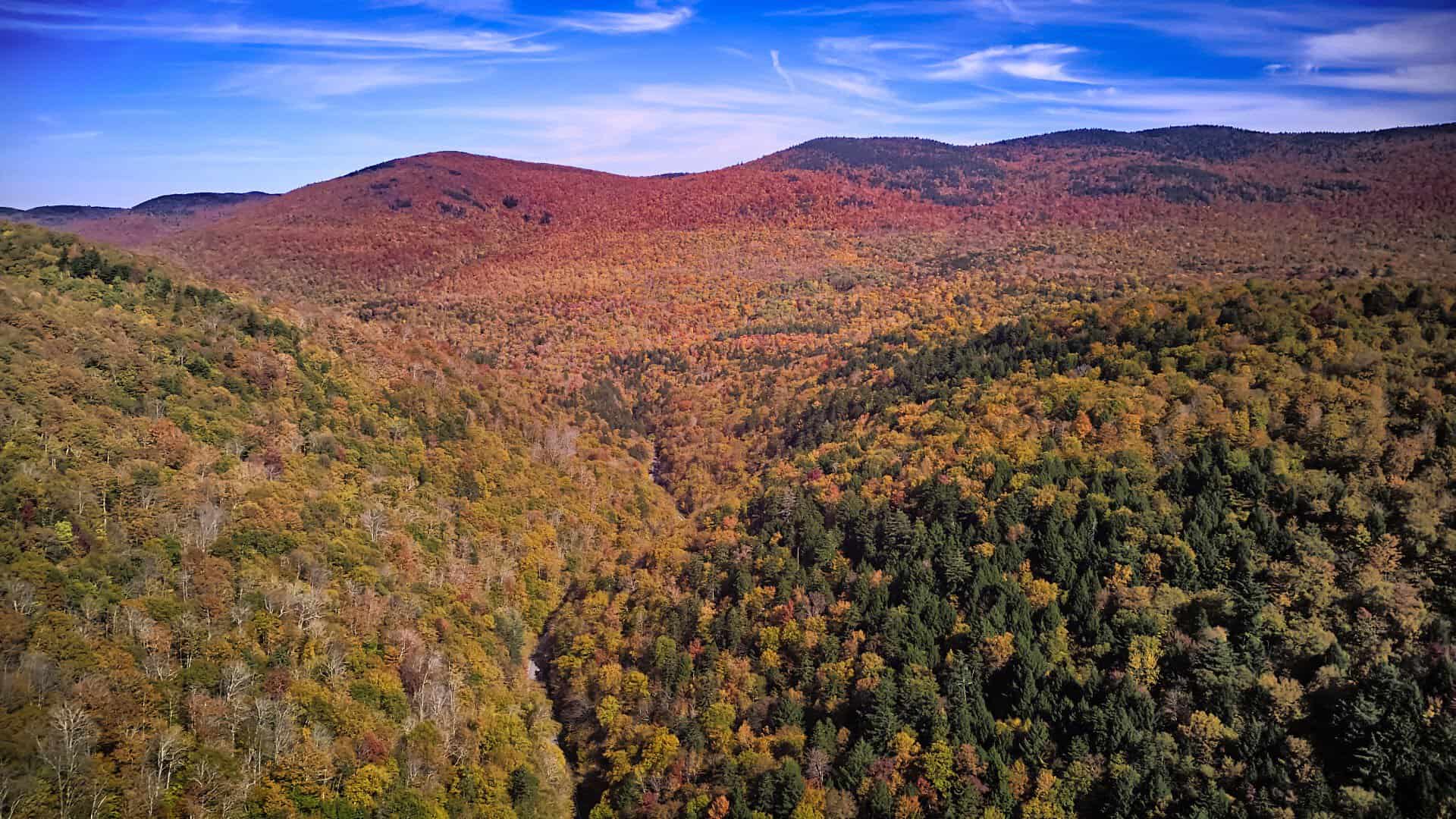 Aerial view of Vermont's Green Mountains in full red and gold fall color along Route 100