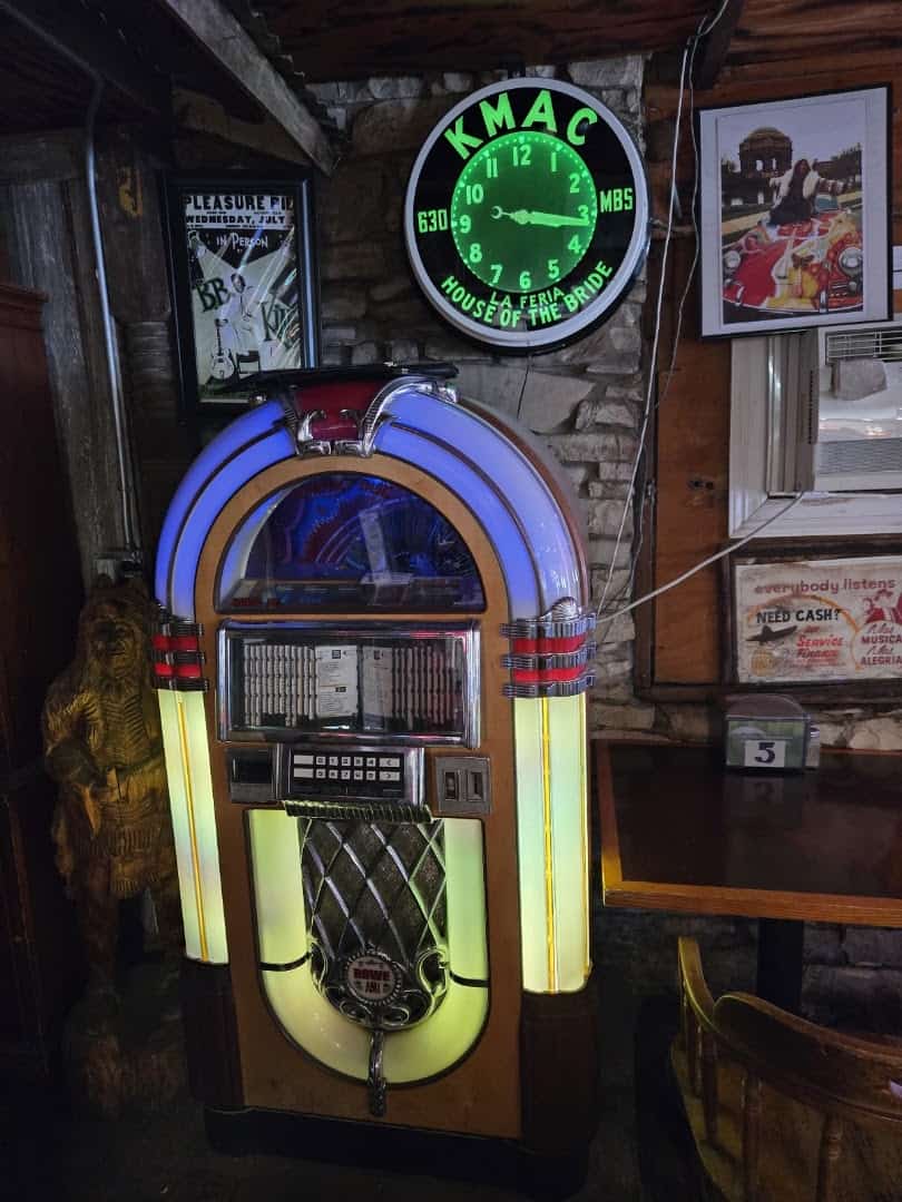 Vintage jukebox and 1950s memorabilia in the dining room at Ray's Drive Inn in San Antonio