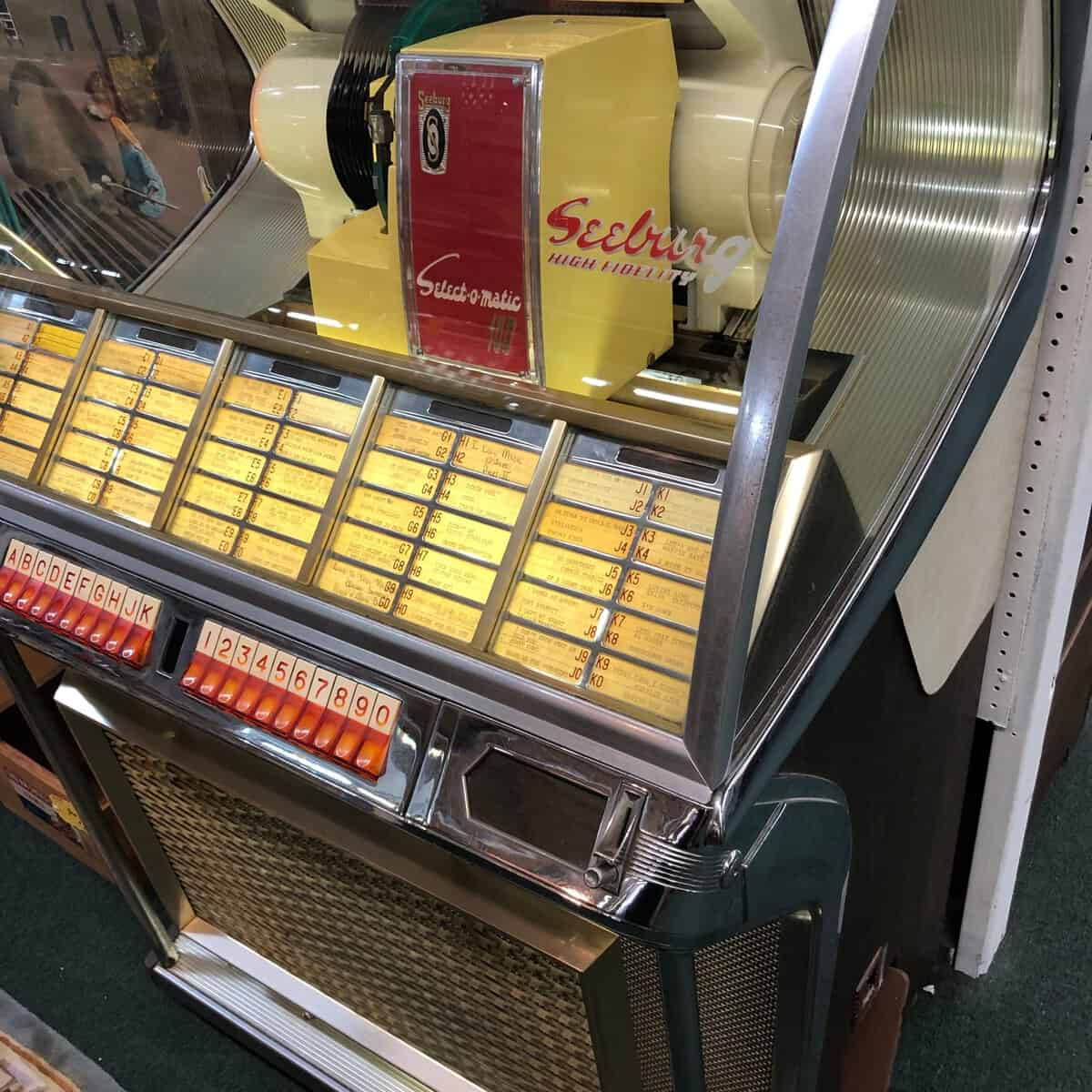 Vintage Seeburg jukebox for sale at Montgomery Street Antique Mall in Fort Worth