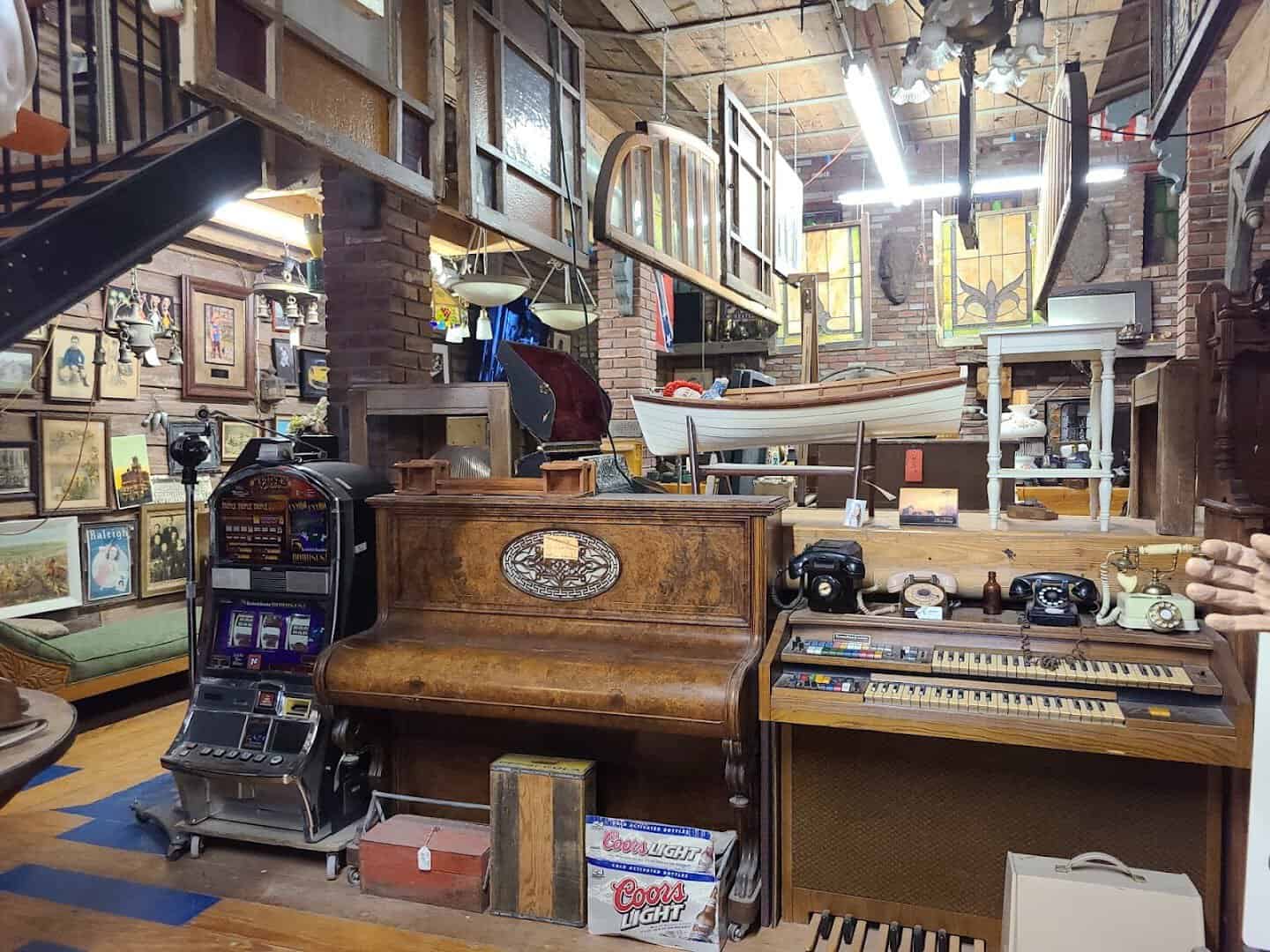 Vintage slot machines and a player piano among the oddities at The Whoopee Bowl Antique Mall in Canutillo, Texas