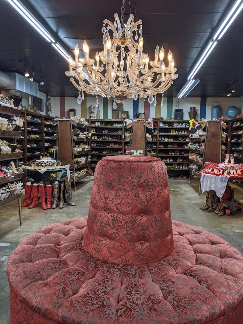Chandelier and seating inside Leopard Lounge vintage store in Houston