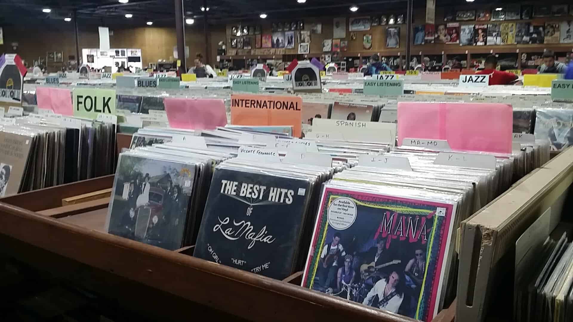 Bins packed with vinyl records at Forever Young Records in Grand Prairie, Texas